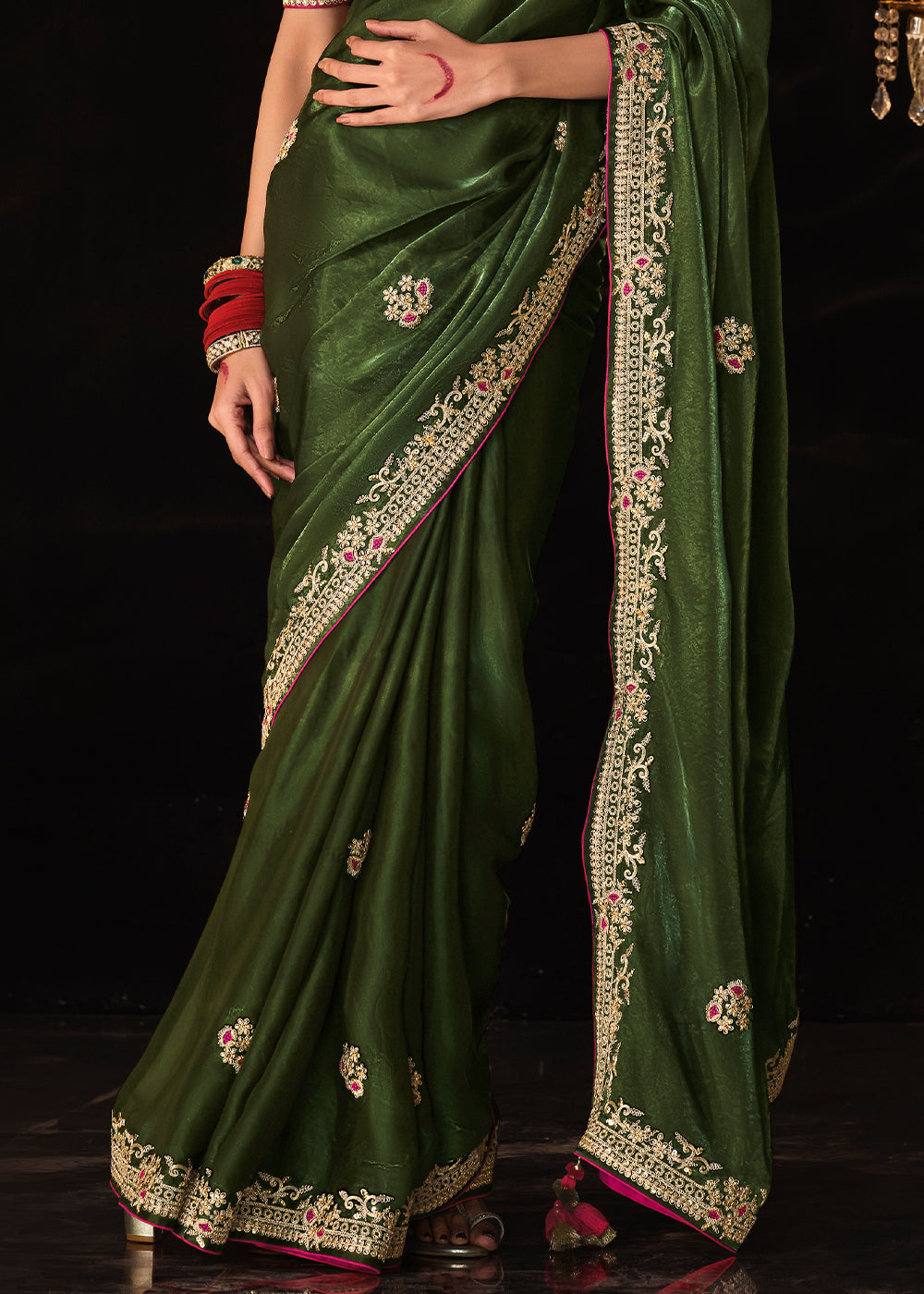 Verdigris Green Embroidered Designer Satin Silk Saree