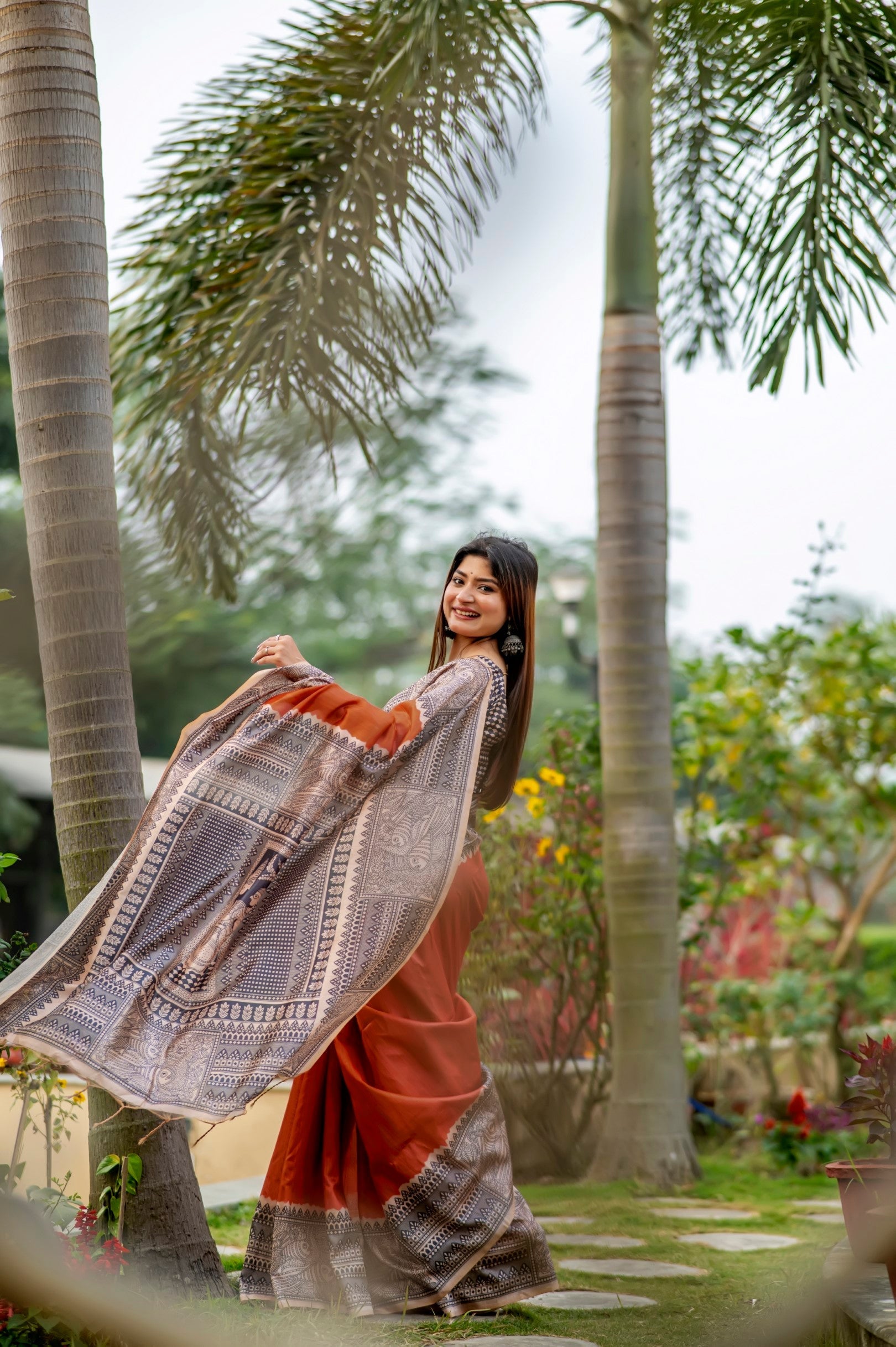 Rust Orange Madhubani Printed Silk Saree