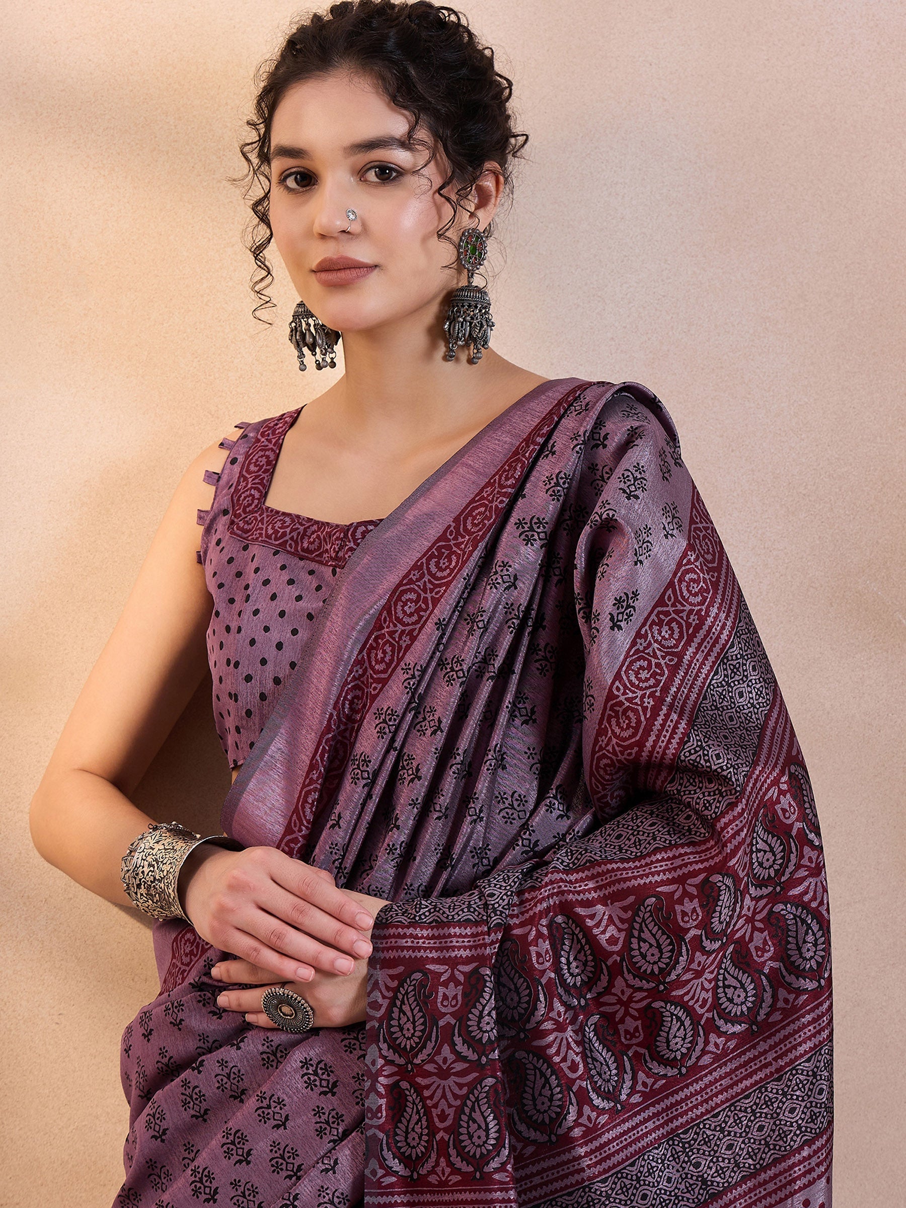 Eggplant Purple Printed Dola Silk Saree