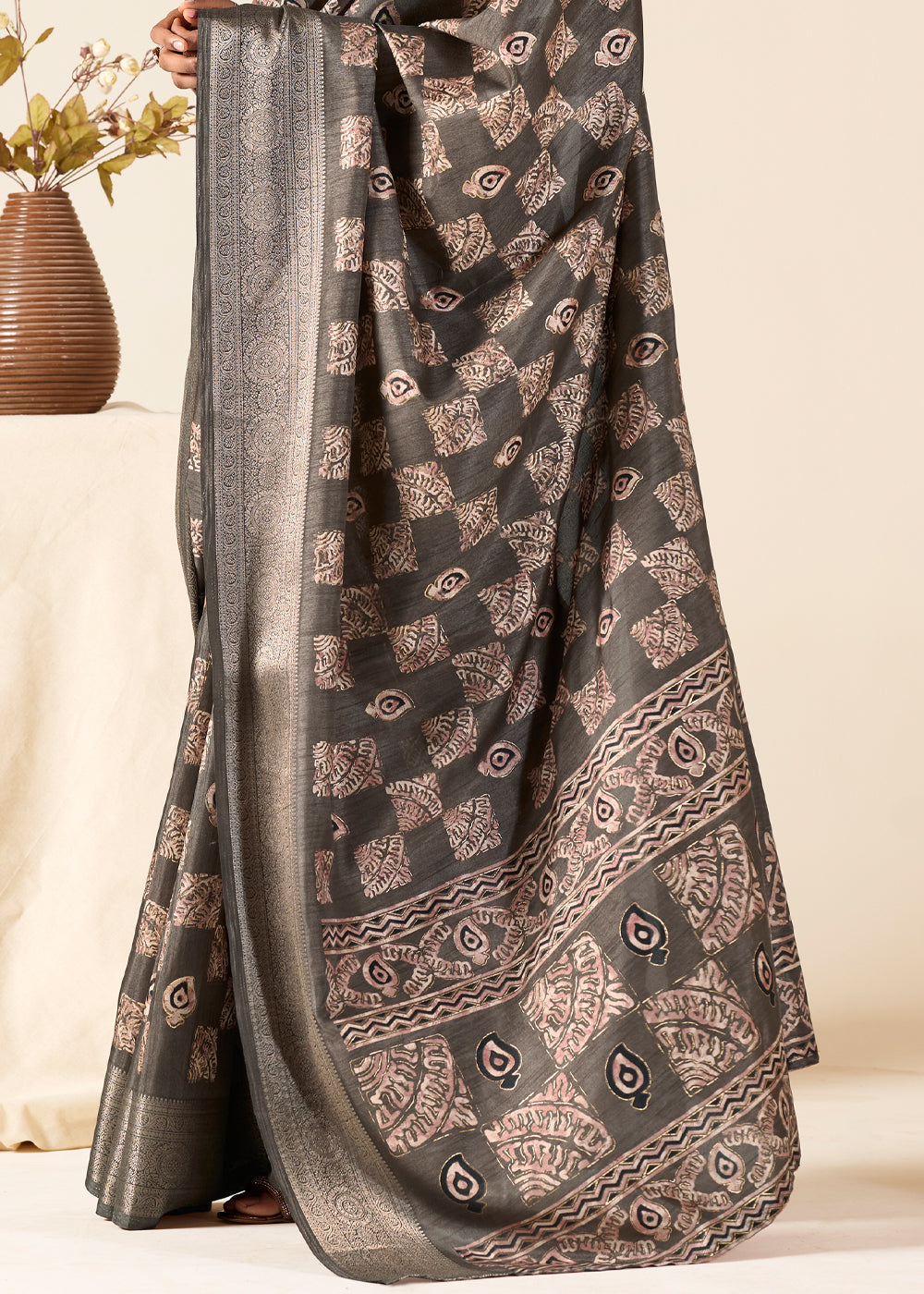 Taupe Grey Banarasi Printed Soft Silk Saree