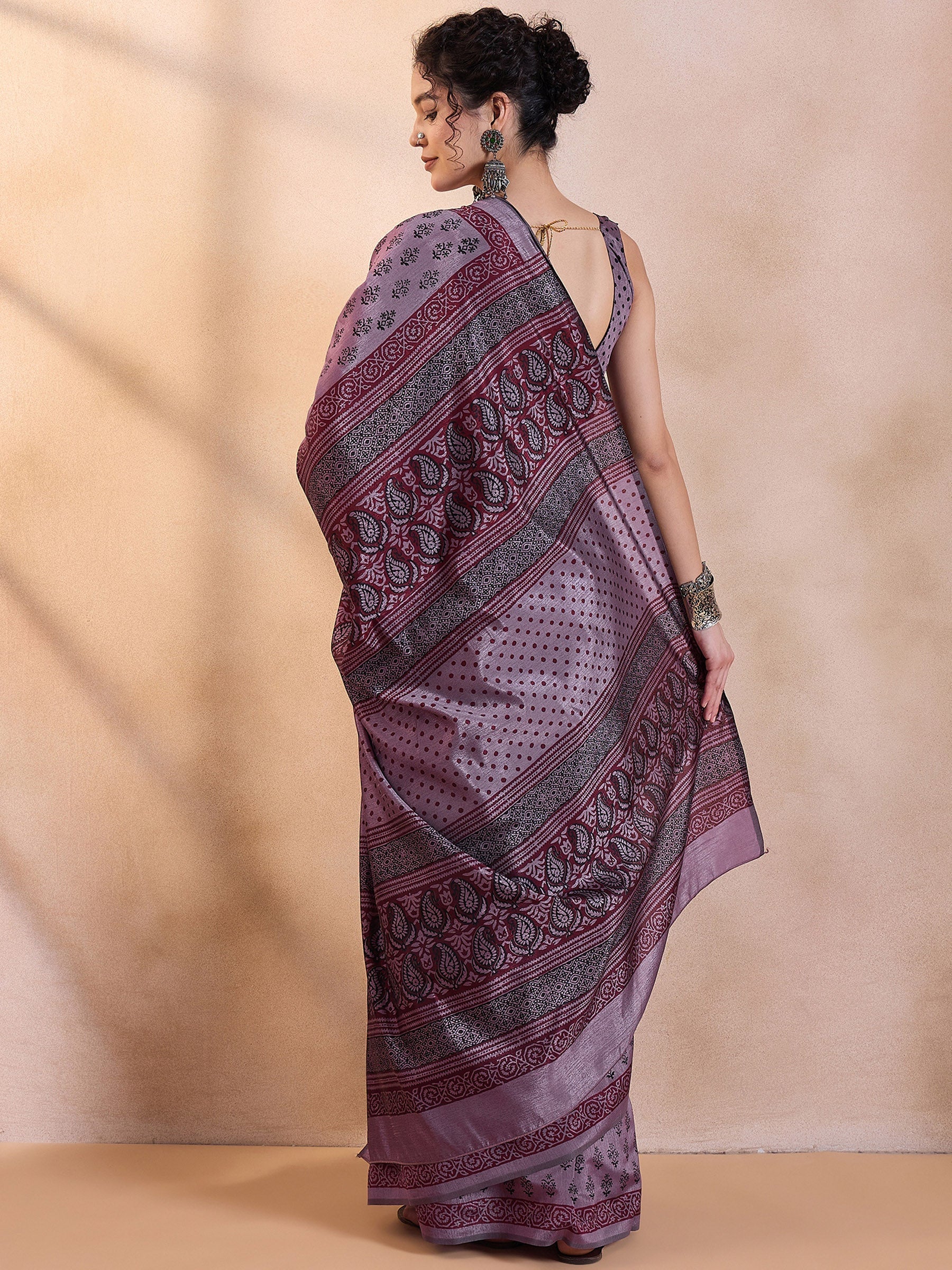 Eggplant Purple Printed Dola Silk Saree