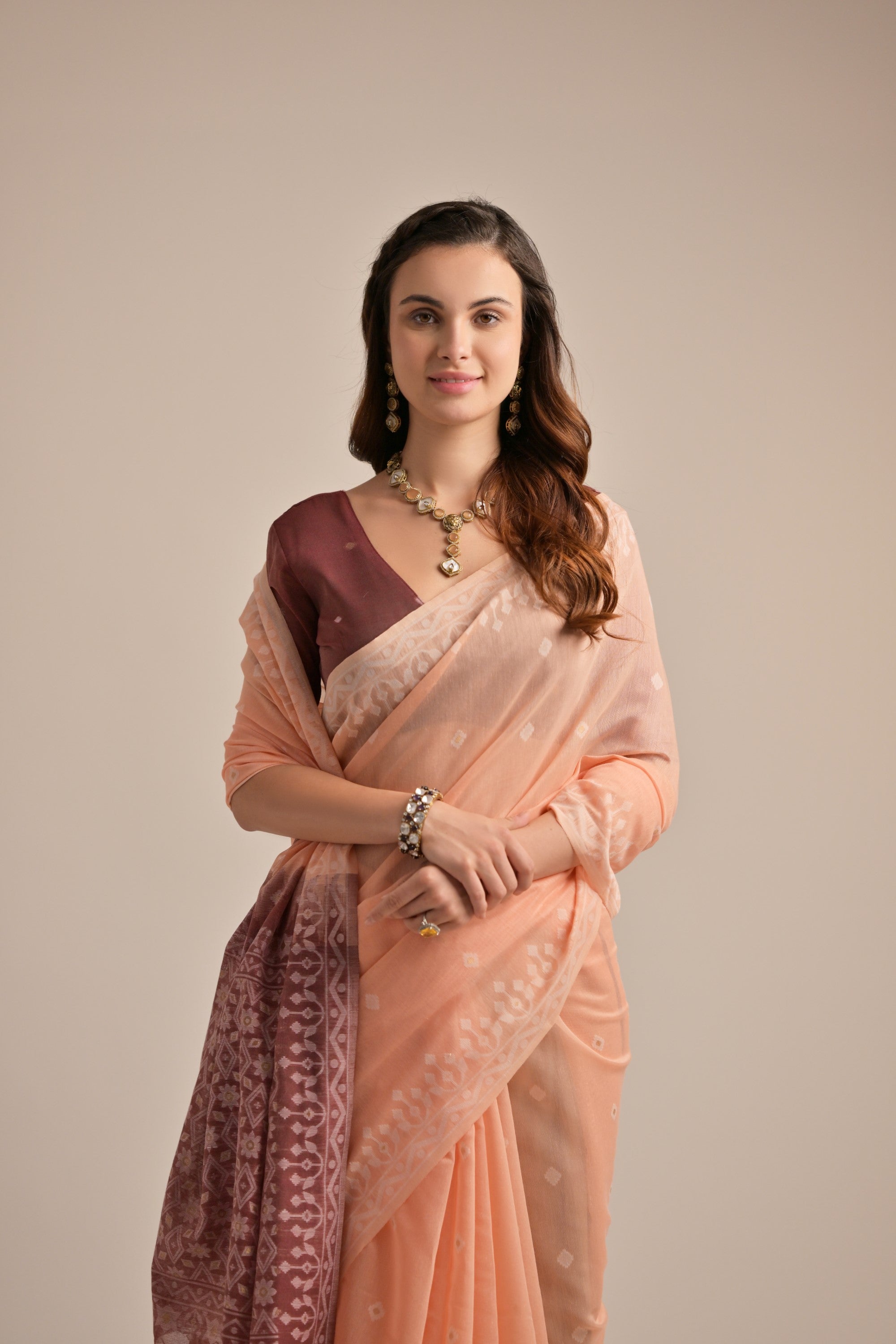 Rose Bud Peach Lucknowi Woven Muga Cotton Saree