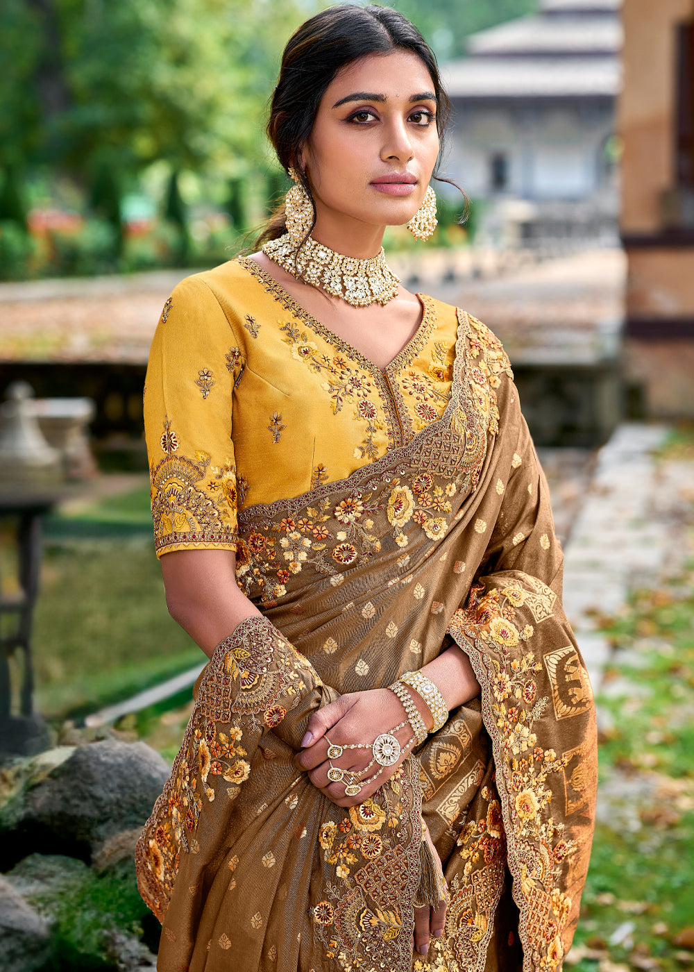 Russet Brown Woven Designer Banarasi Embroidered Silk Saree