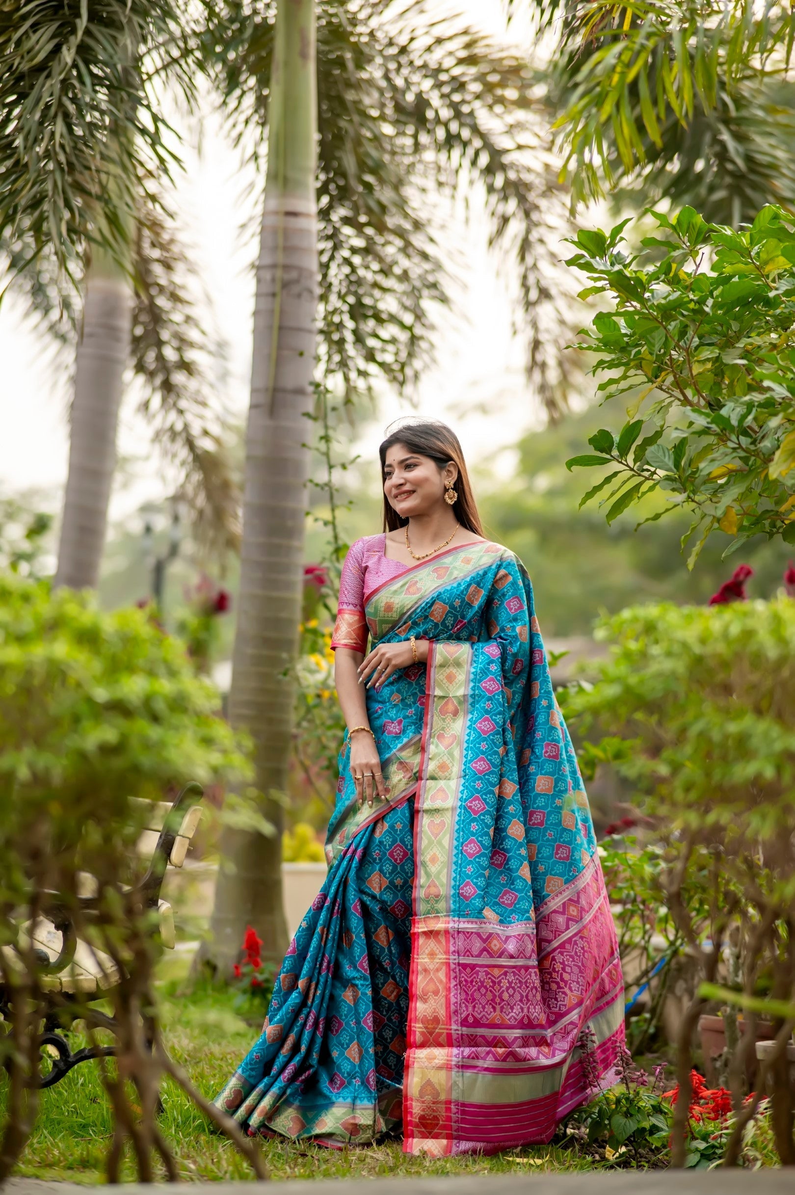 Turquoise Pearl Blue Banarasi Silk Patola Saree