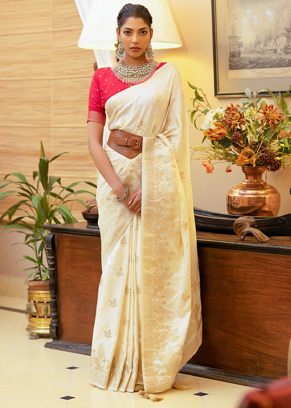 Chilean Heath Cream Woven Satin Silk Saree