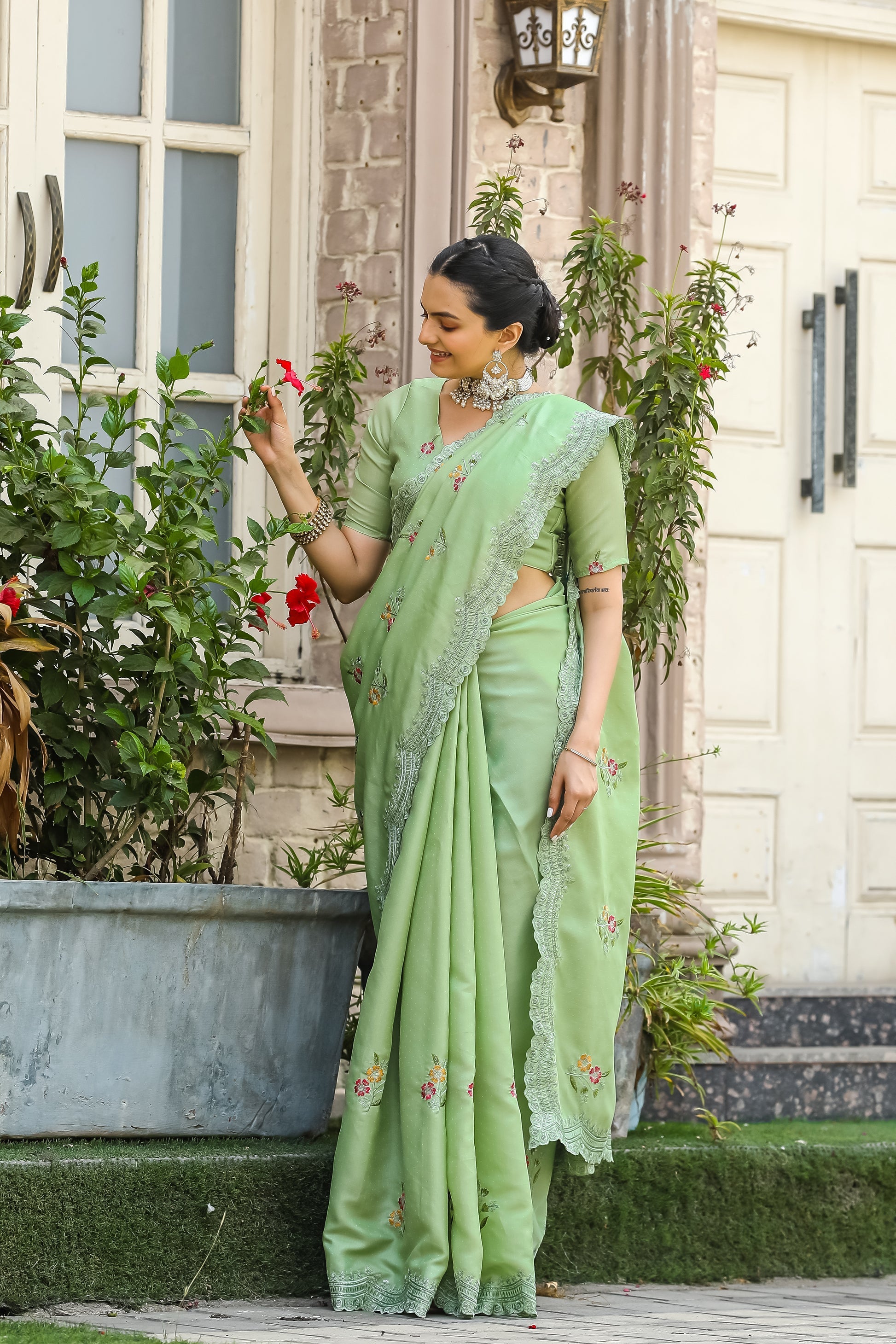 Pista Green Embroidery Tussar Cotton Saree