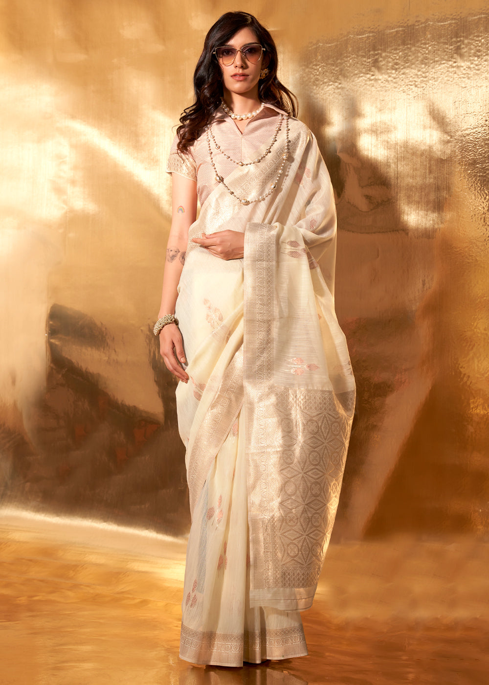 Cameo Cream Handloom Linen Cotton Saree