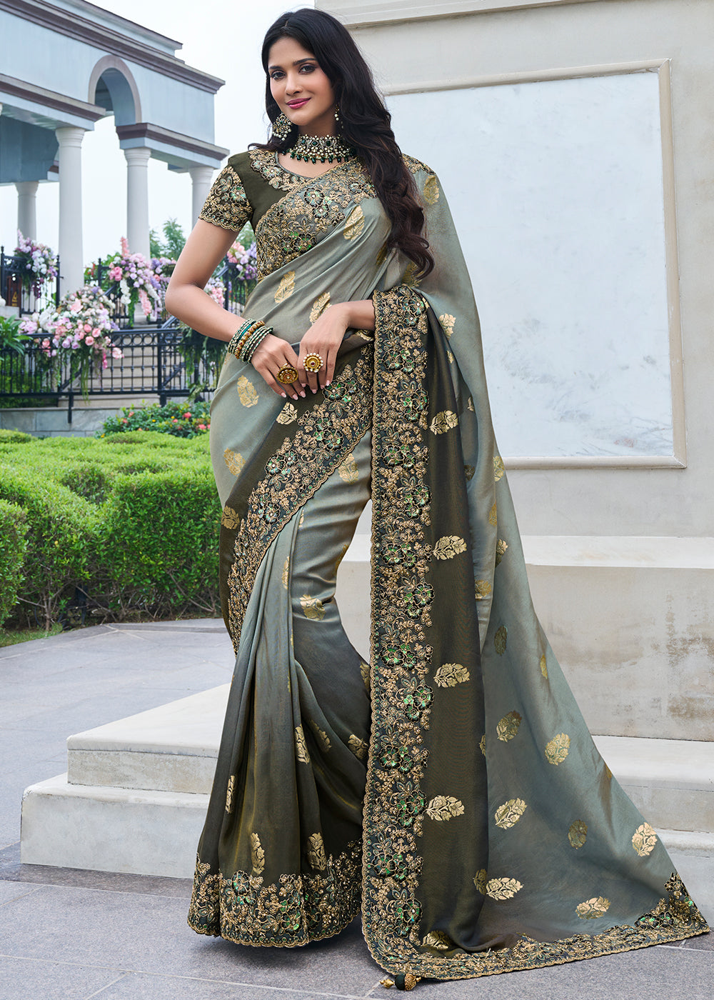 Fossil Grey Embroidered Designer Silk Saree