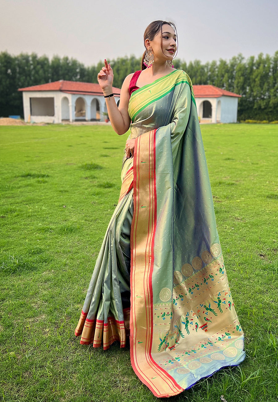 Mist Green Woven Paithani Saree