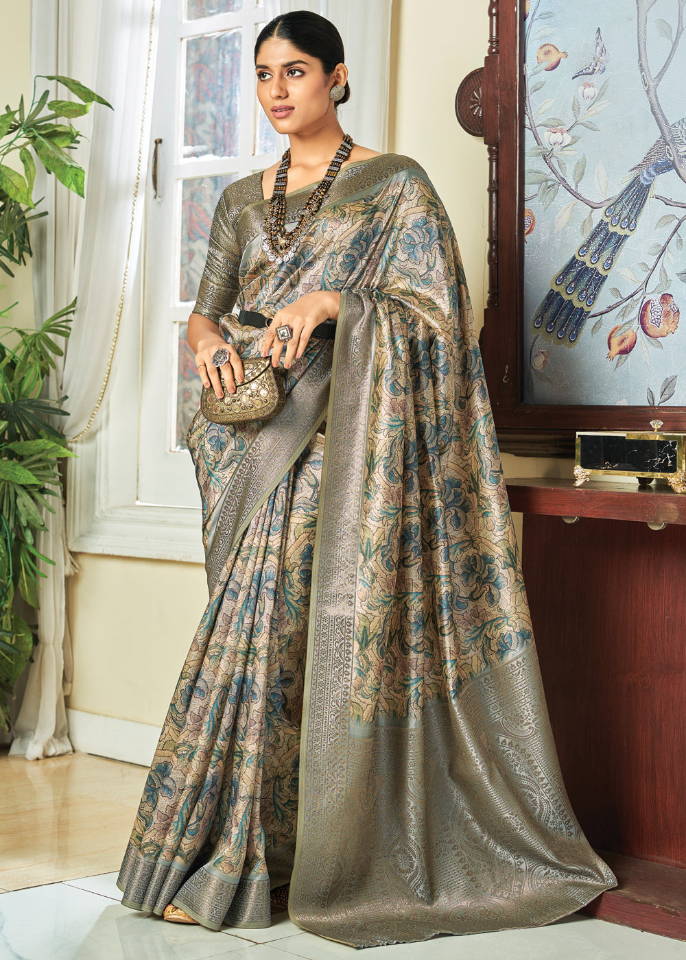 Grey Olive Woven Banarasi Satin Silk Saree