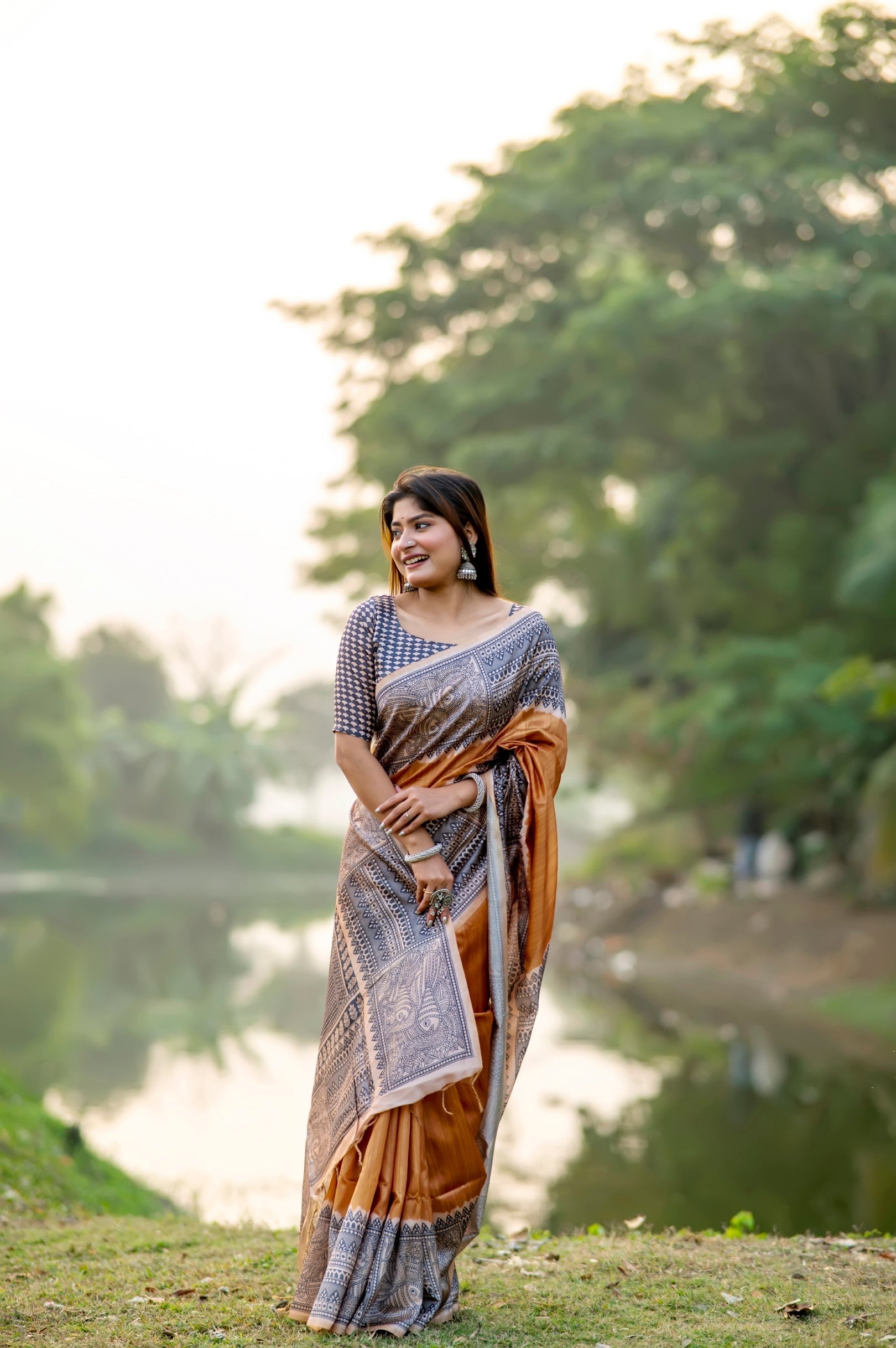 Porsche Yellow Madhubani Printed Silk Saree