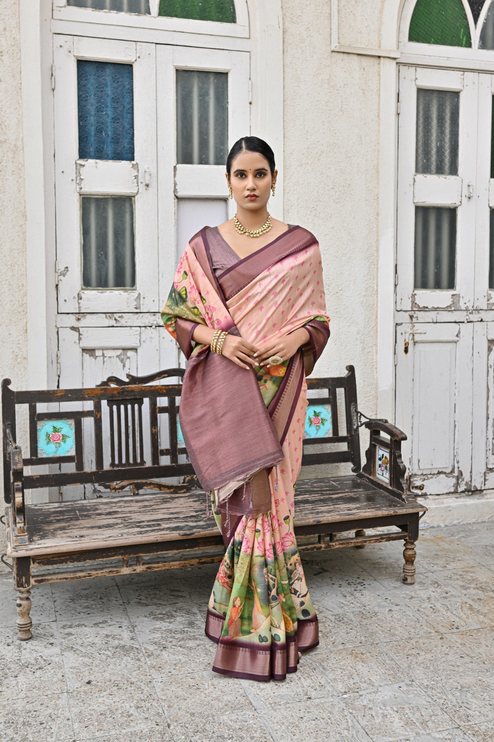 Eunry Peach and Purple Tussar Printed Silk Saree