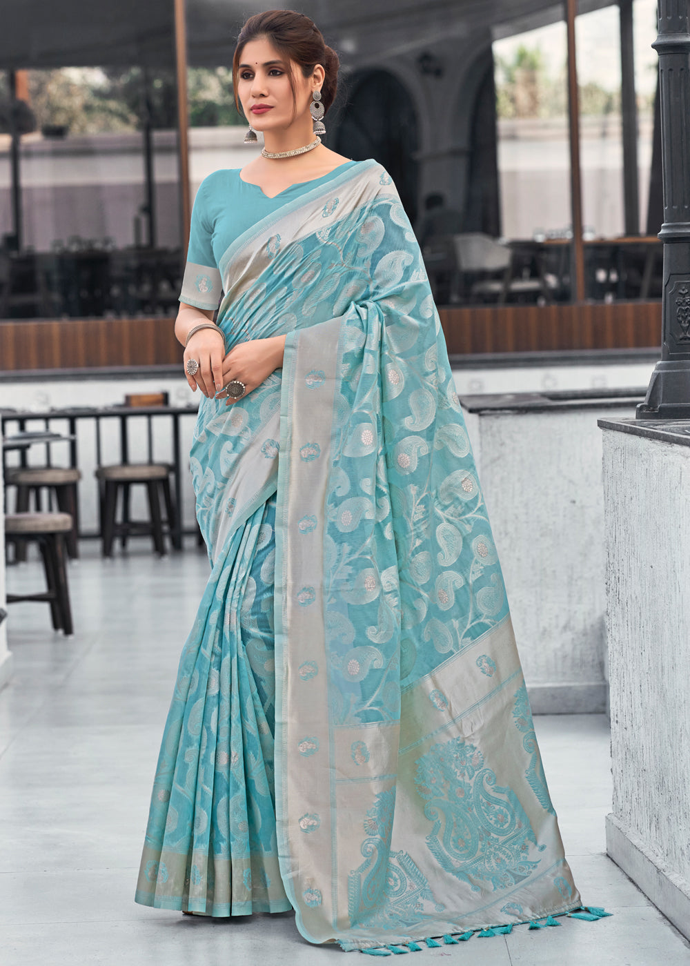 Sea Blue Lucknowi Linen Cotton Saree