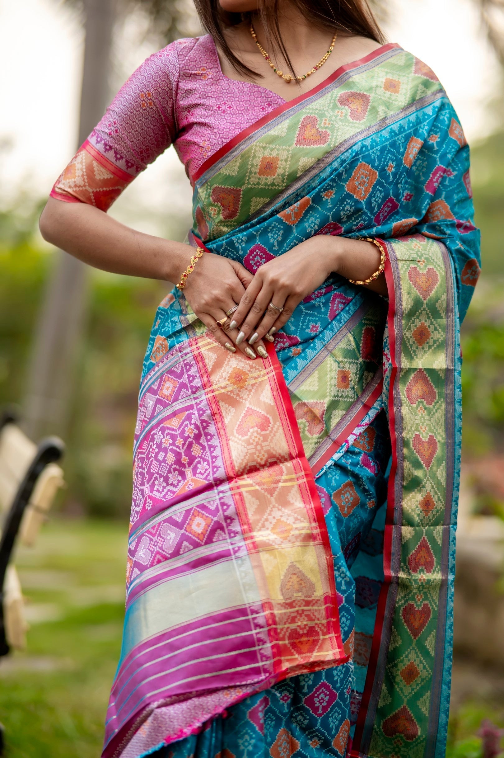 Turquoise Pearl Blue Banarasi Silk Patola Saree