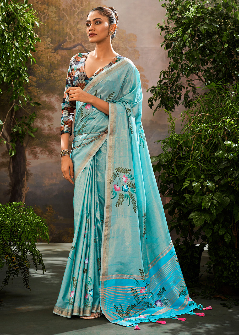 Artic Blue Painted Linen Silk Saree