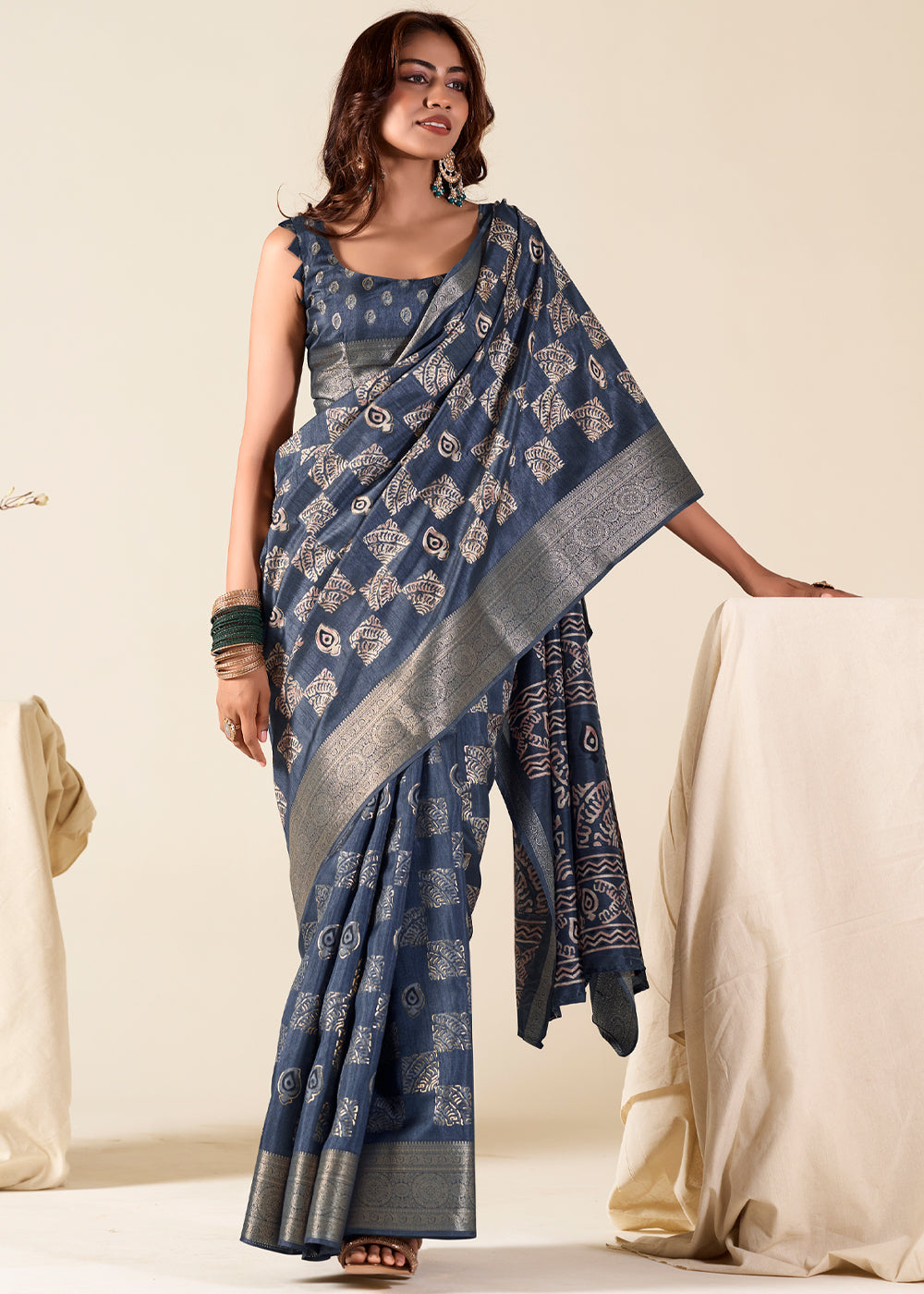 River Bed Blue Banarasi Printed Soft Silk Saree