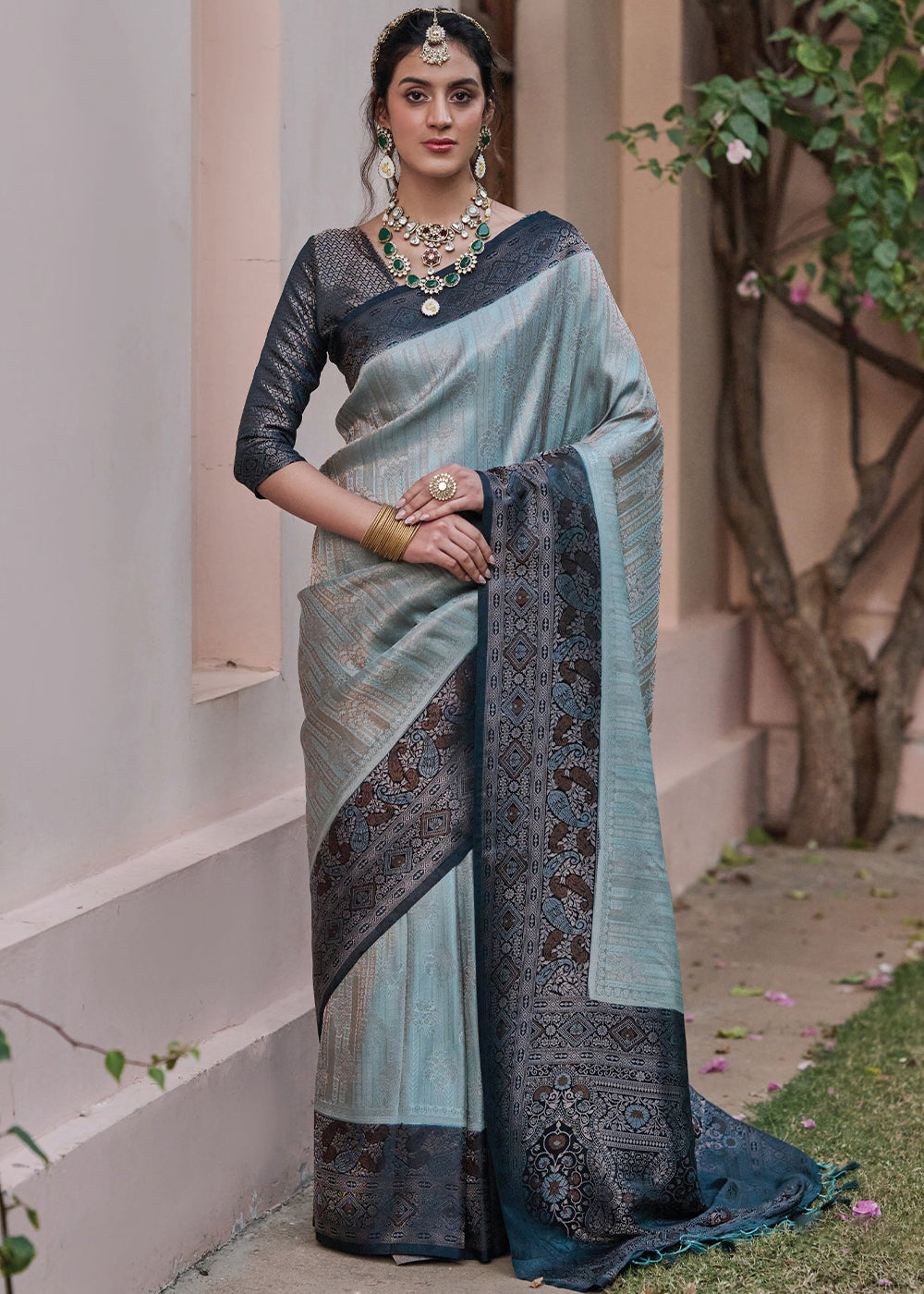 Opal Blue Designer Satin Silk Saree