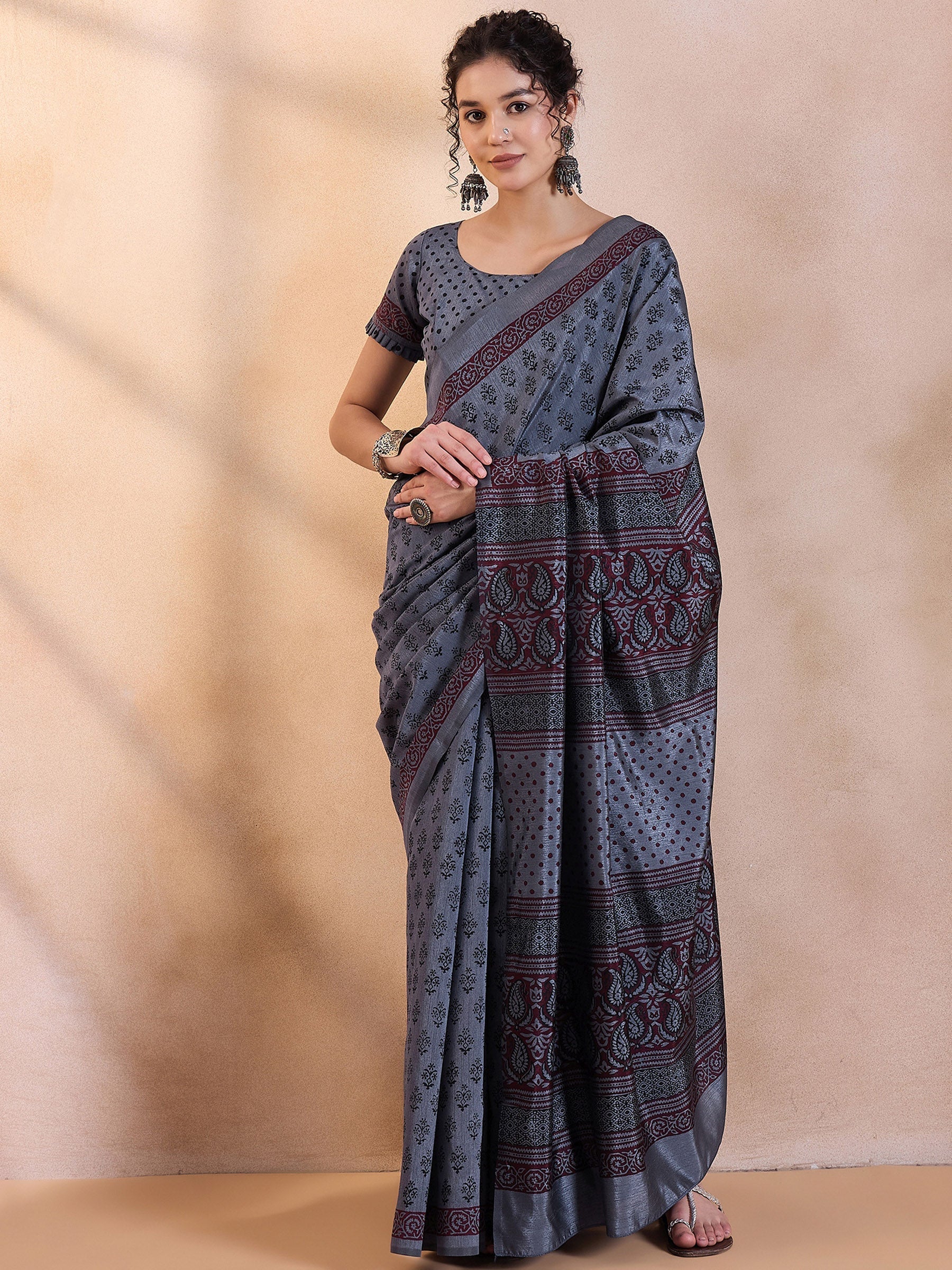 Ship Grey Printed Dola Silk Saree