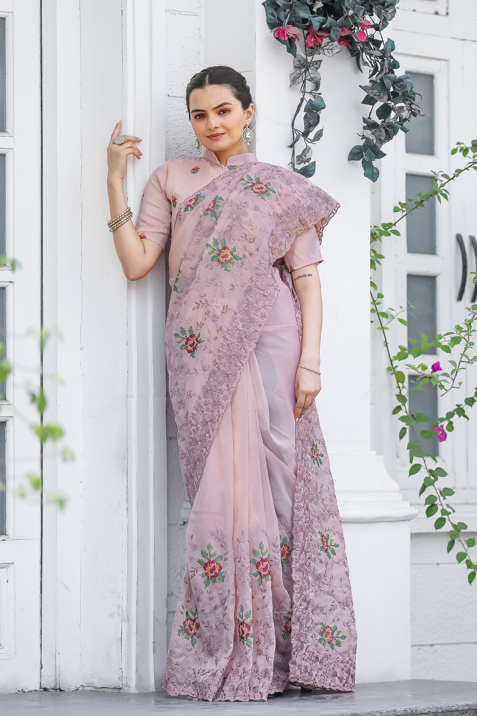 Old Pink Embroidered Chiffon Silk Saree