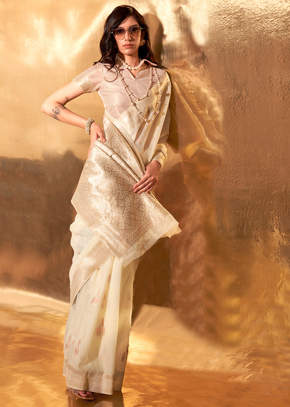 Cameo Cream Handloom Linen Cotton Saree