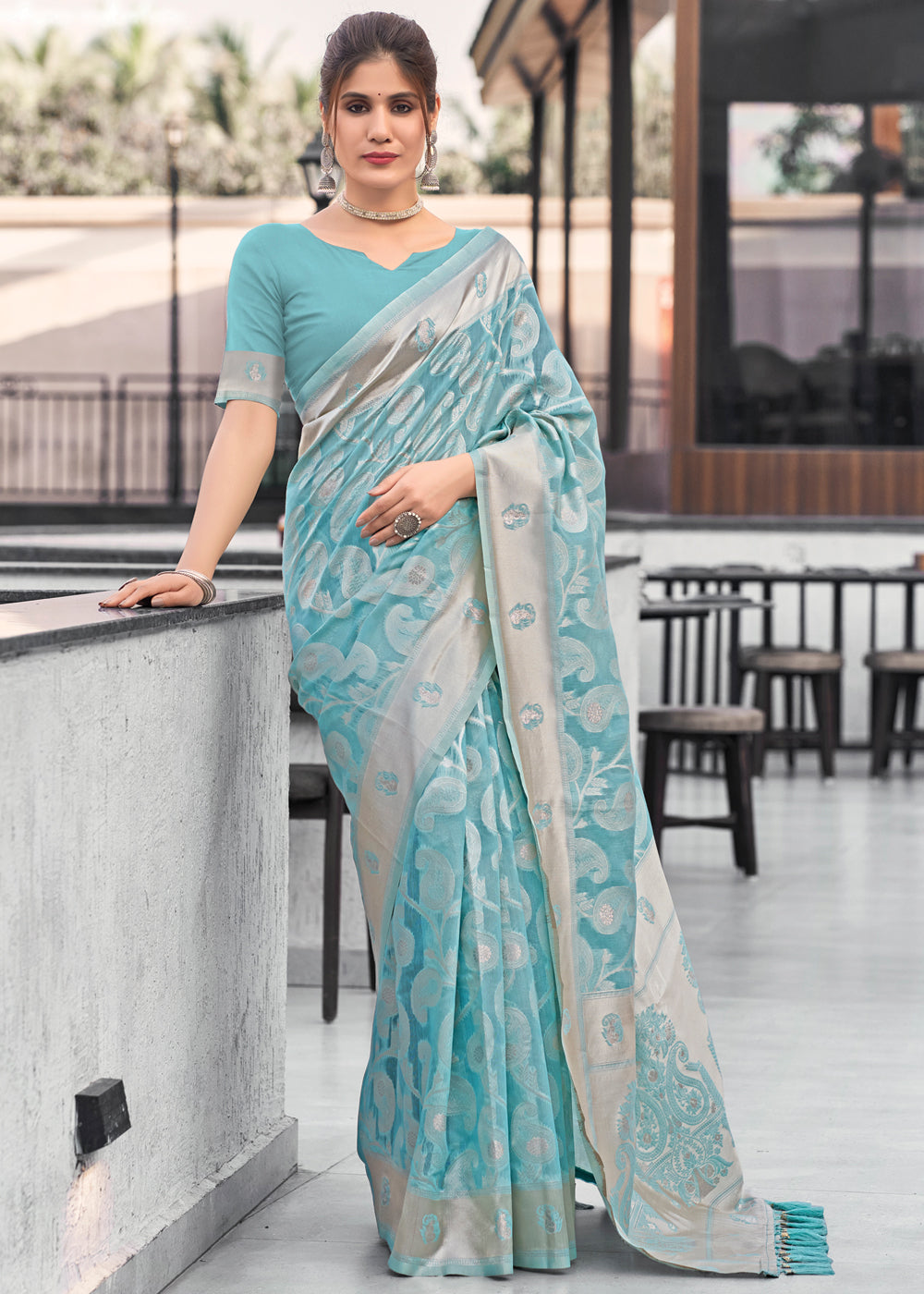 Sea Blue Lucknowi Linen Cotton Saree