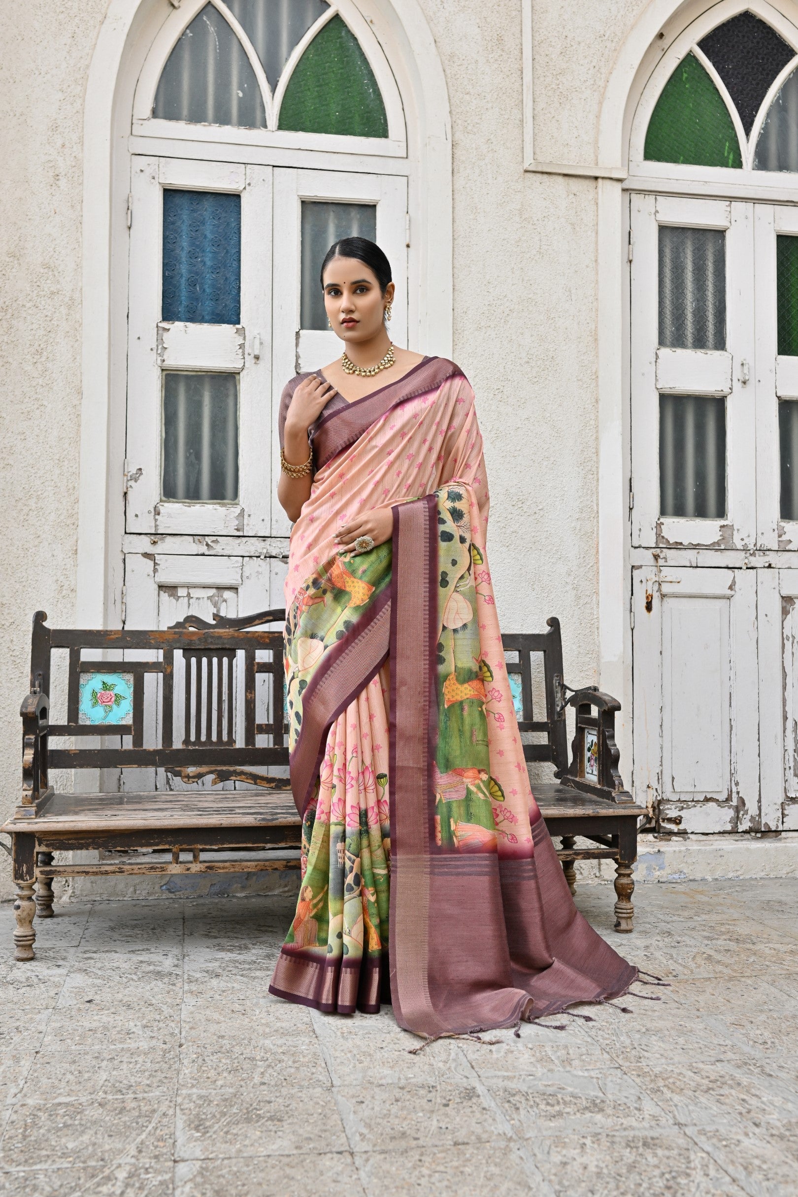 Eunry Peach and Purple Tussar Printed Silk Saree