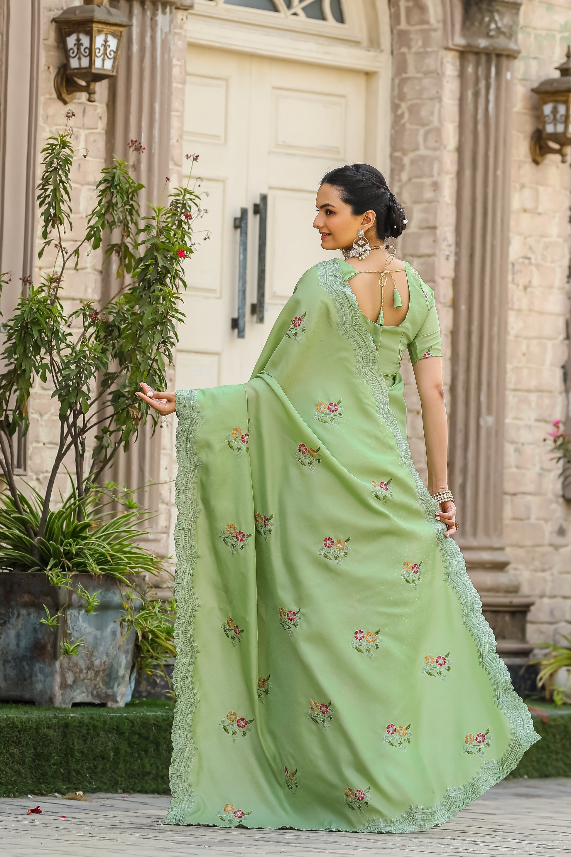 Pista Green Embroidery Tussar Cotton Saree