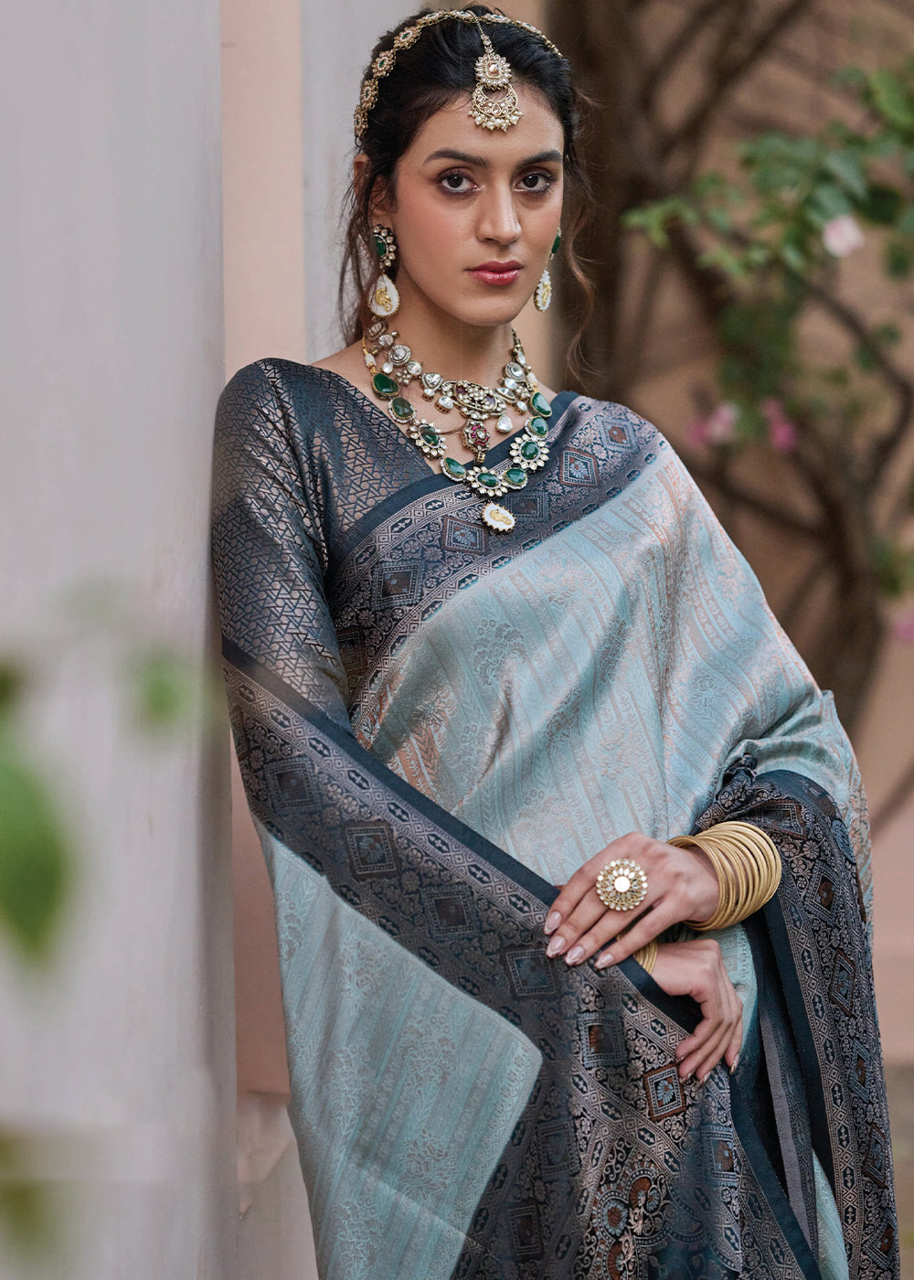 Opal Blue Designer Satin Silk Saree