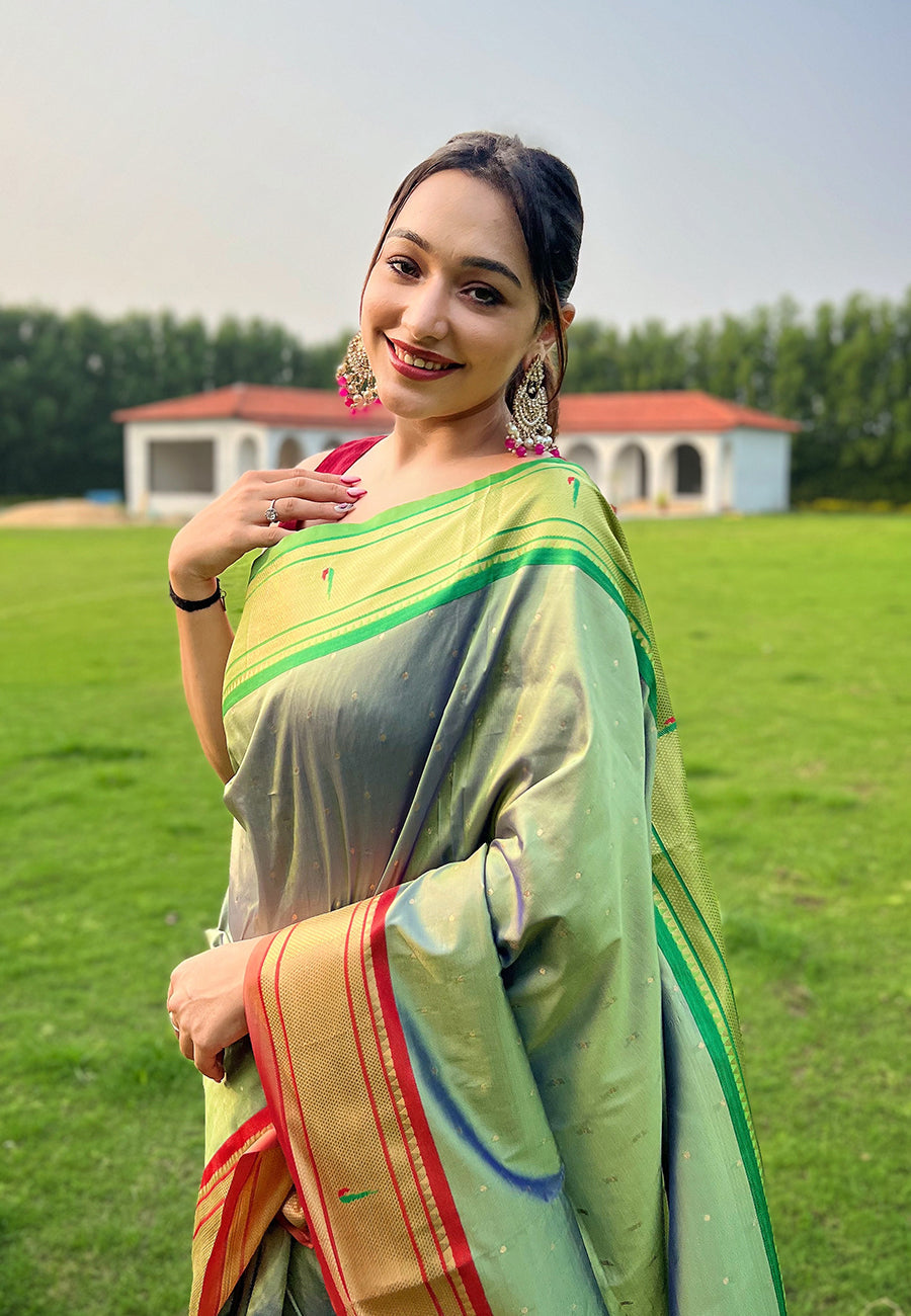 Mist Green Woven Paithani Saree