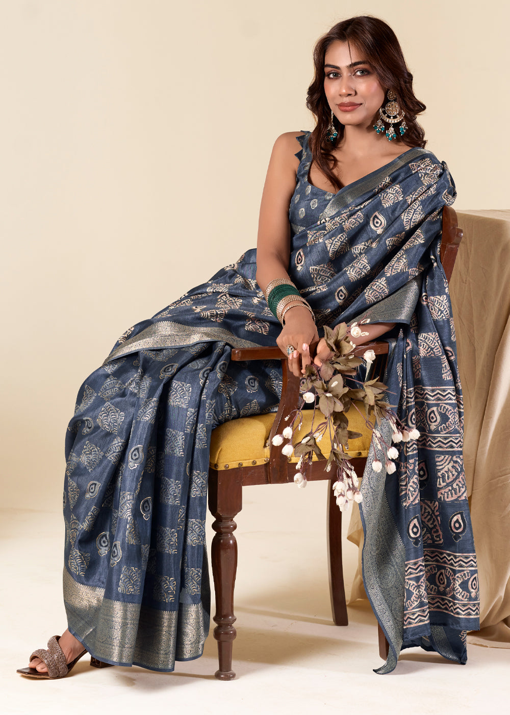 River Bed Blue Banarasi Printed Soft Silk Saree