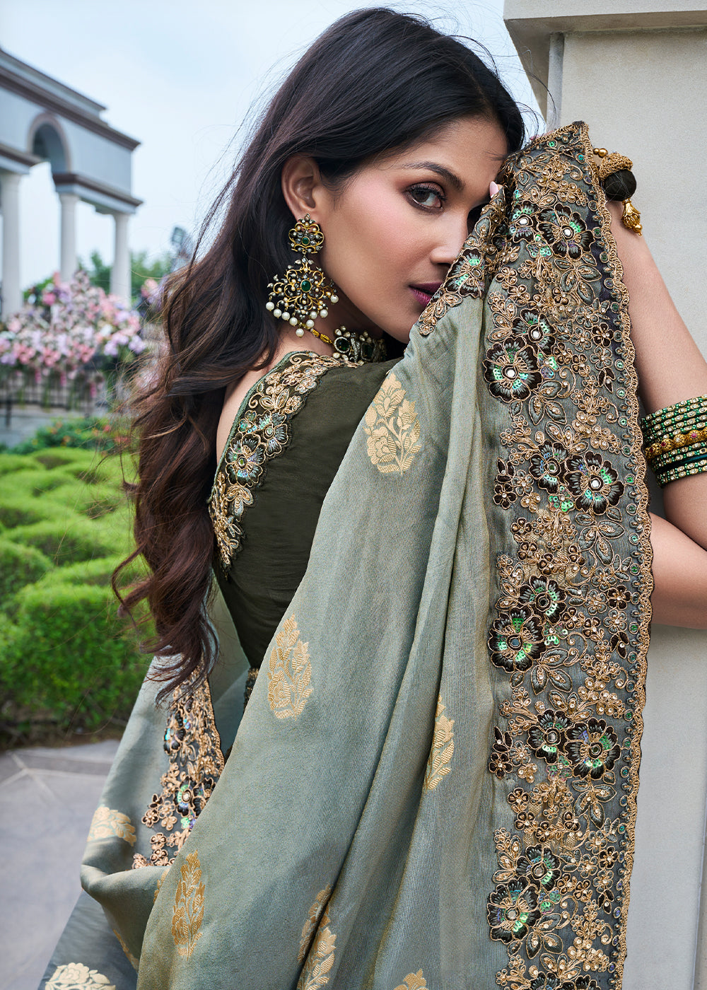 Fossil Grey Embroidered Designer Silk Saree