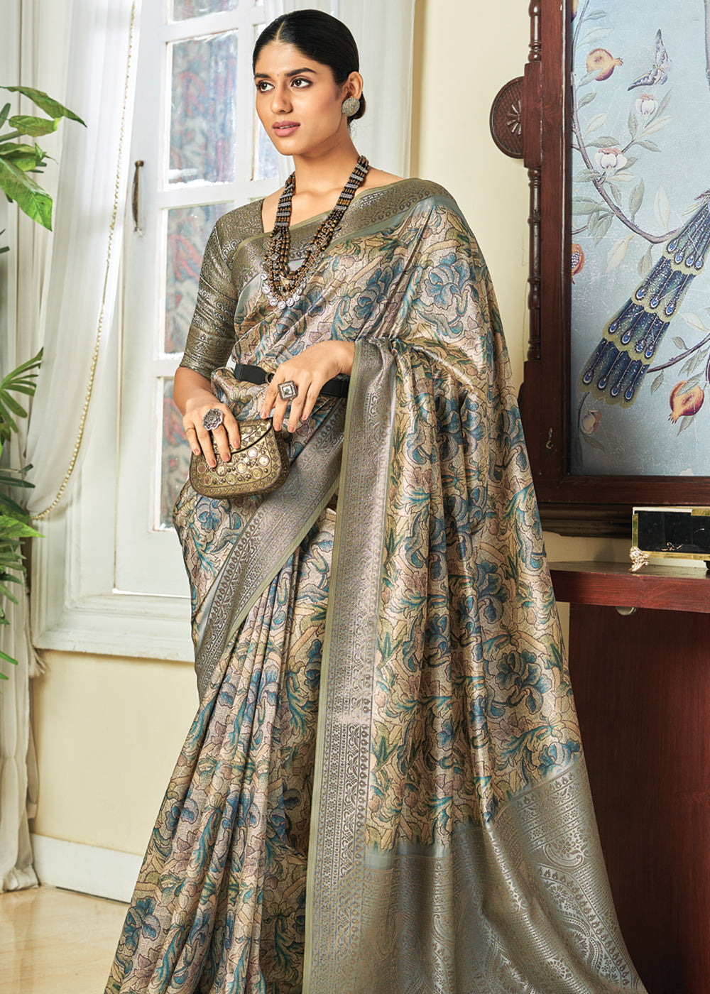 Grey Olive Woven Banarasi Satin Silk Saree