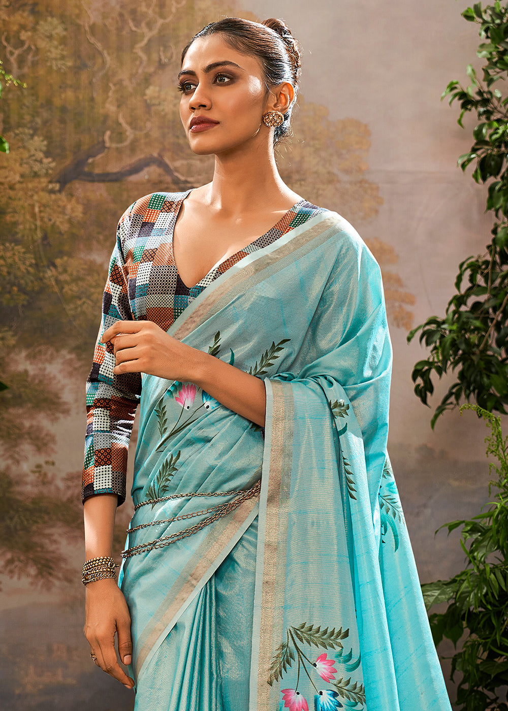 Artic Blue Painted Linen Silk Saree