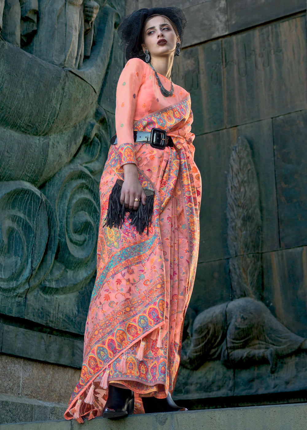 Sundown Peach Jamawar Woven Organza Silk Saree