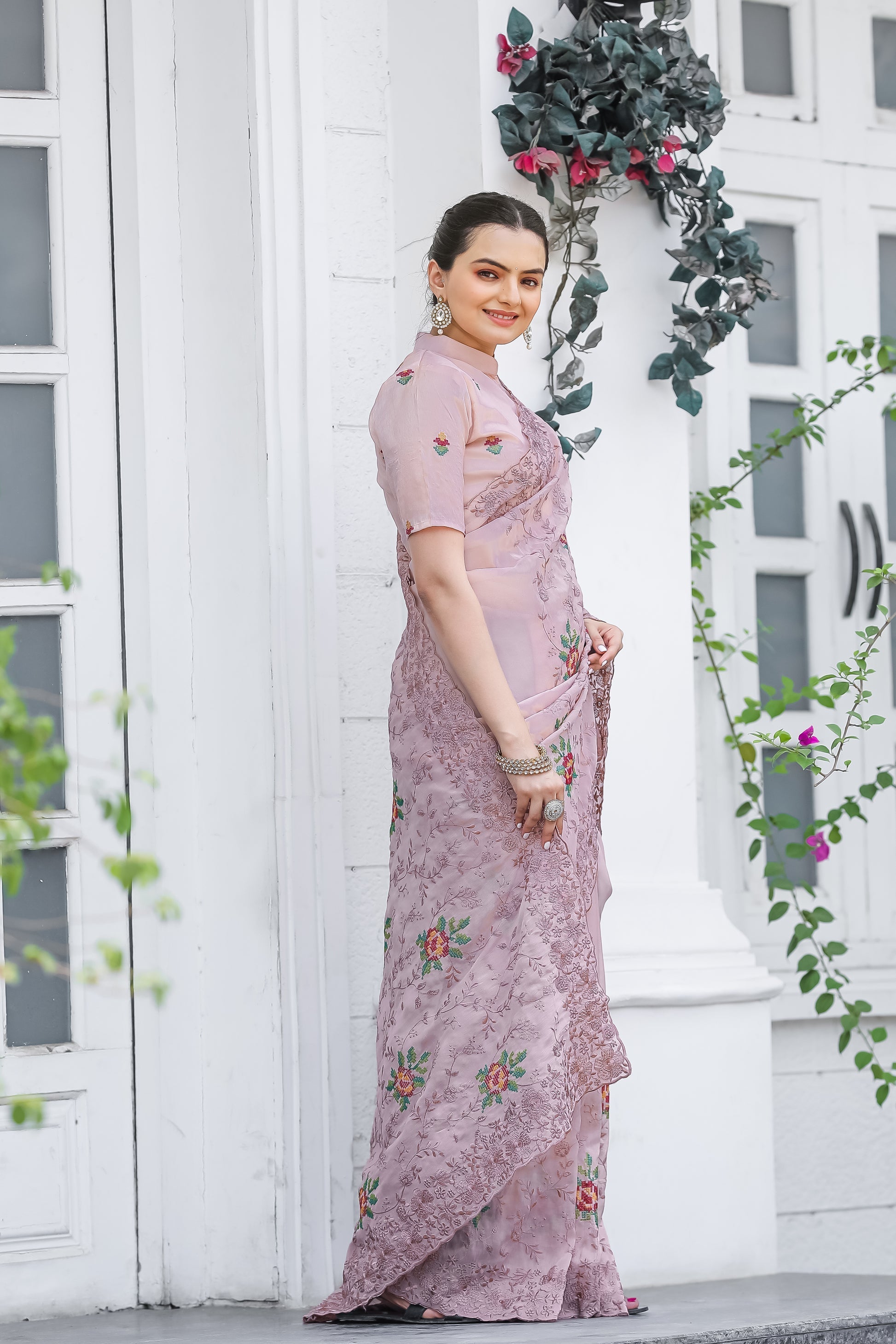 Old Pink Embroidered Chiffon Silk Saree