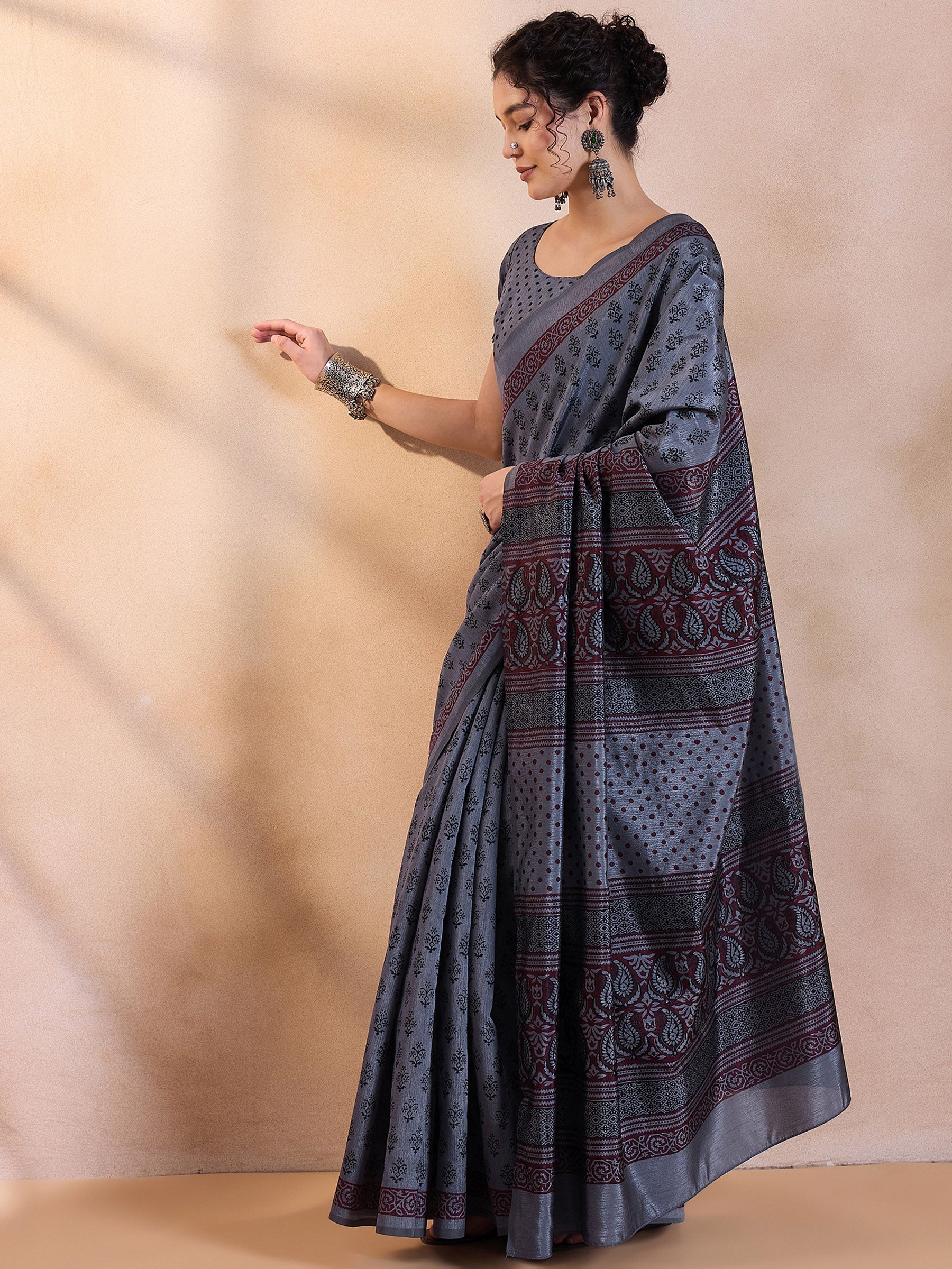 Ship Grey Printed Dola Silk Saree