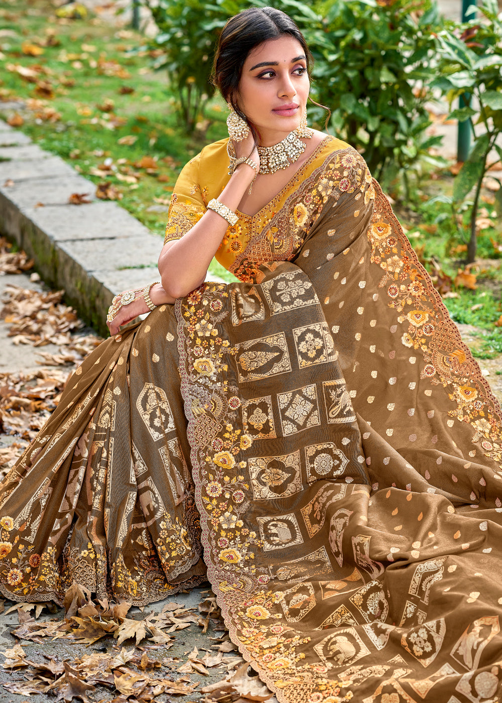 Russet Brown Woven Designer Banarasi Embroidered Silk Saree