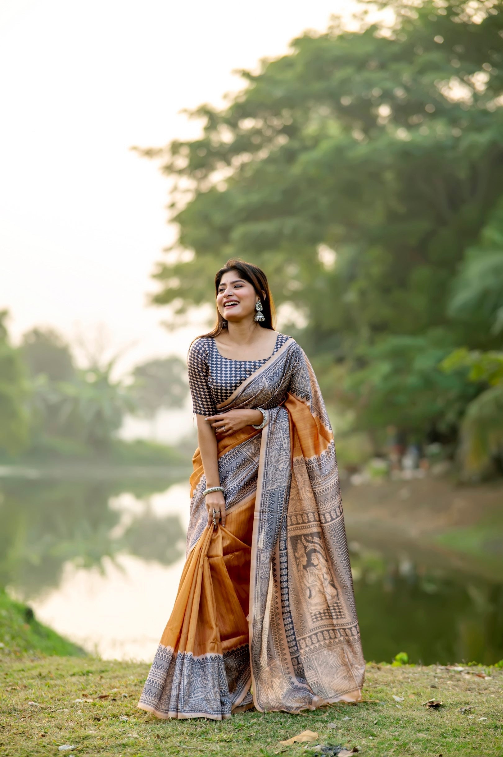 Porsche Yellow Madhubani Printed Silk Saree