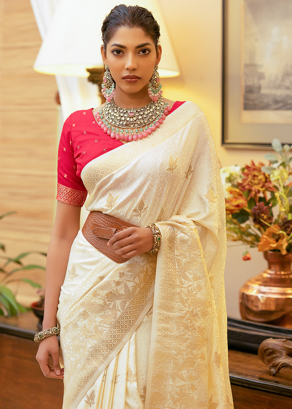 Chilean Heath Cream Woven Satin Silk Saree