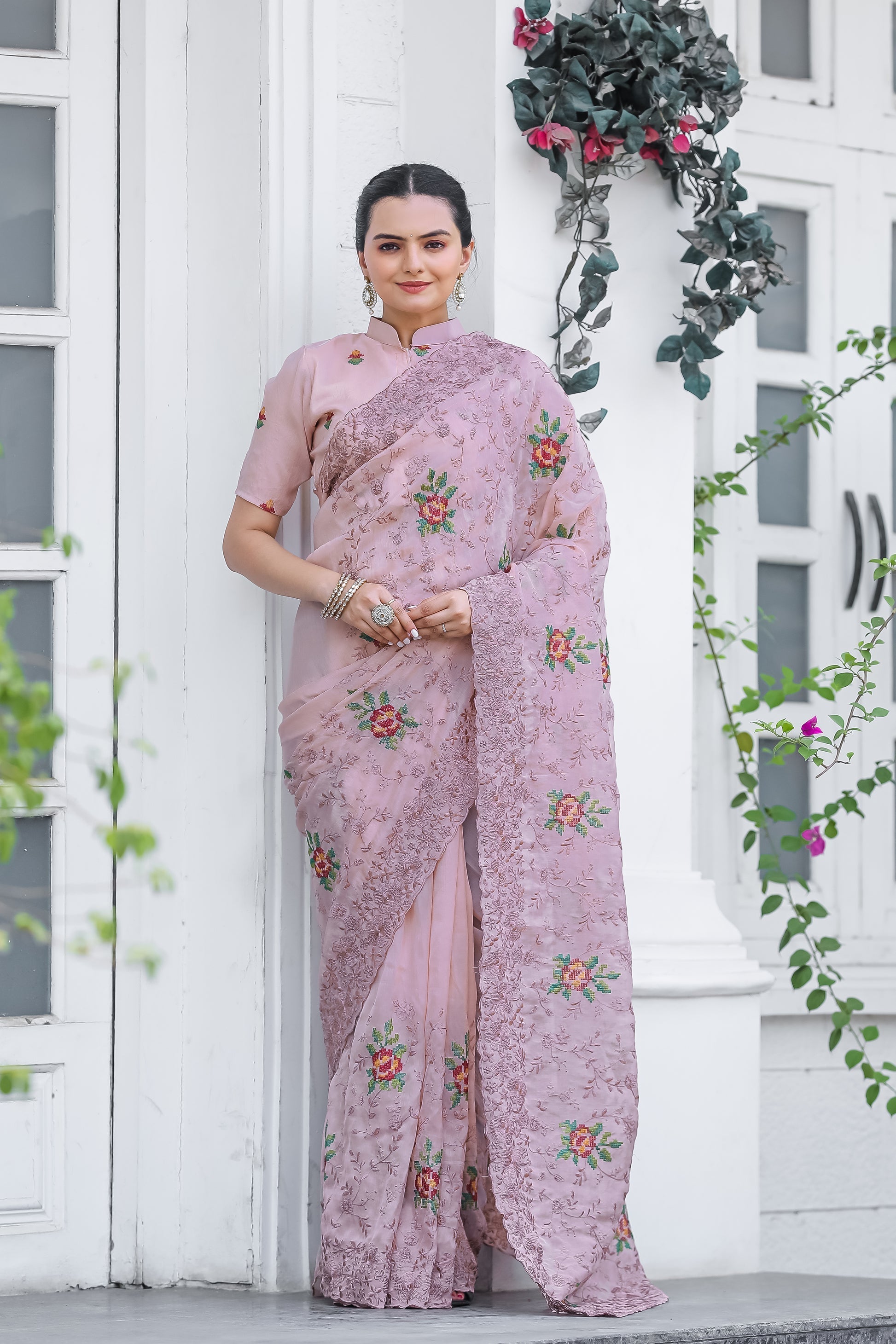 Old Pink Embroidered Chiffon Silk Saree