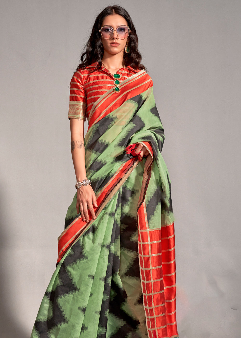 Celadon Green Woven Banarasi Soft Silk Saree