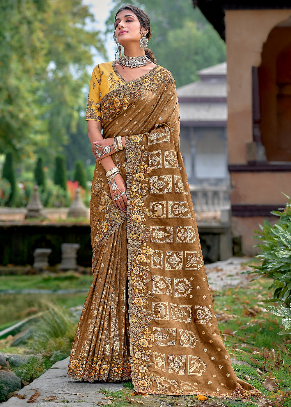 Russet Brown Woven Designer Banarasi Embroidered Silk Saree