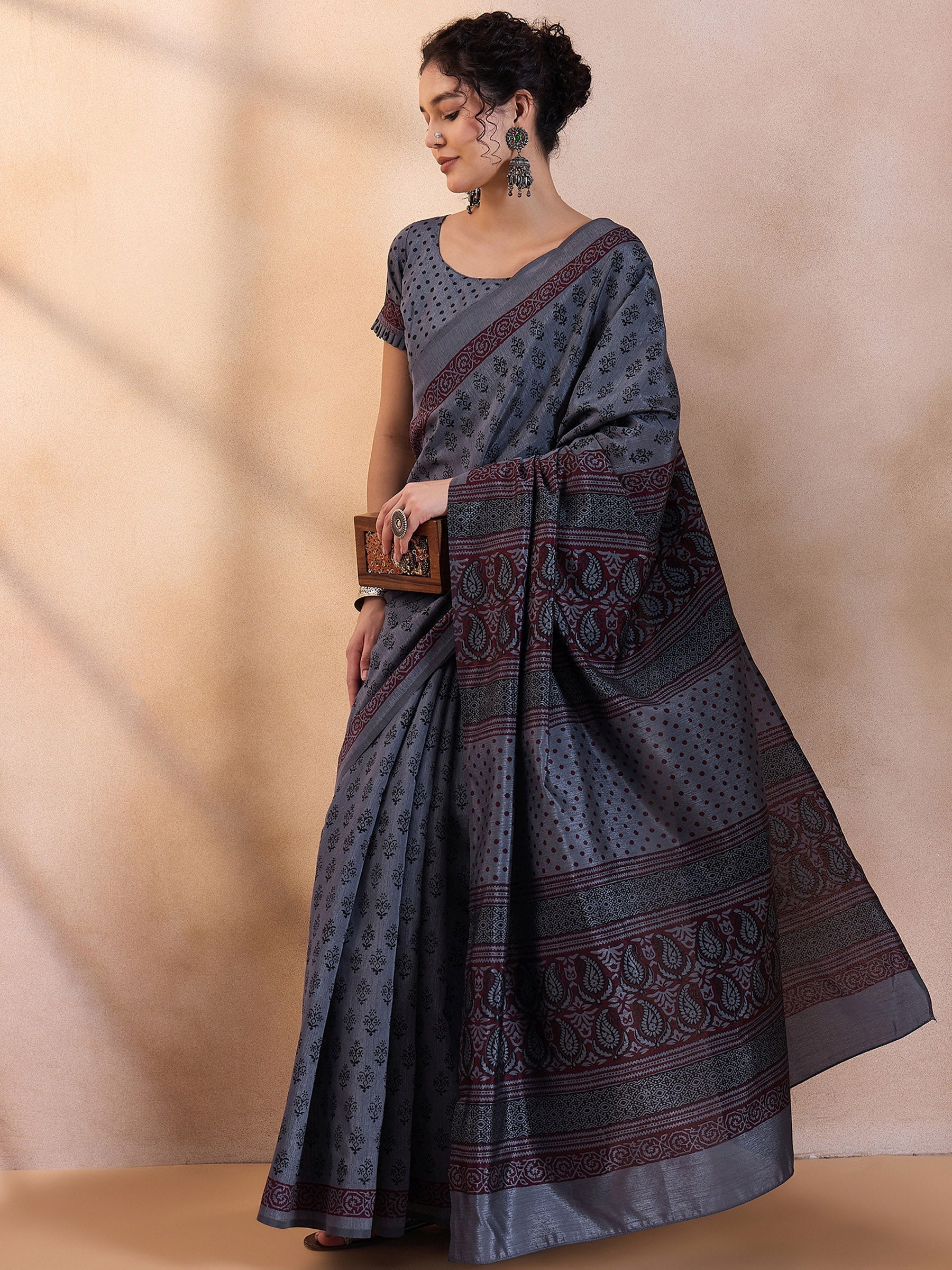 Ship Grey Printed Dola Silk Saree