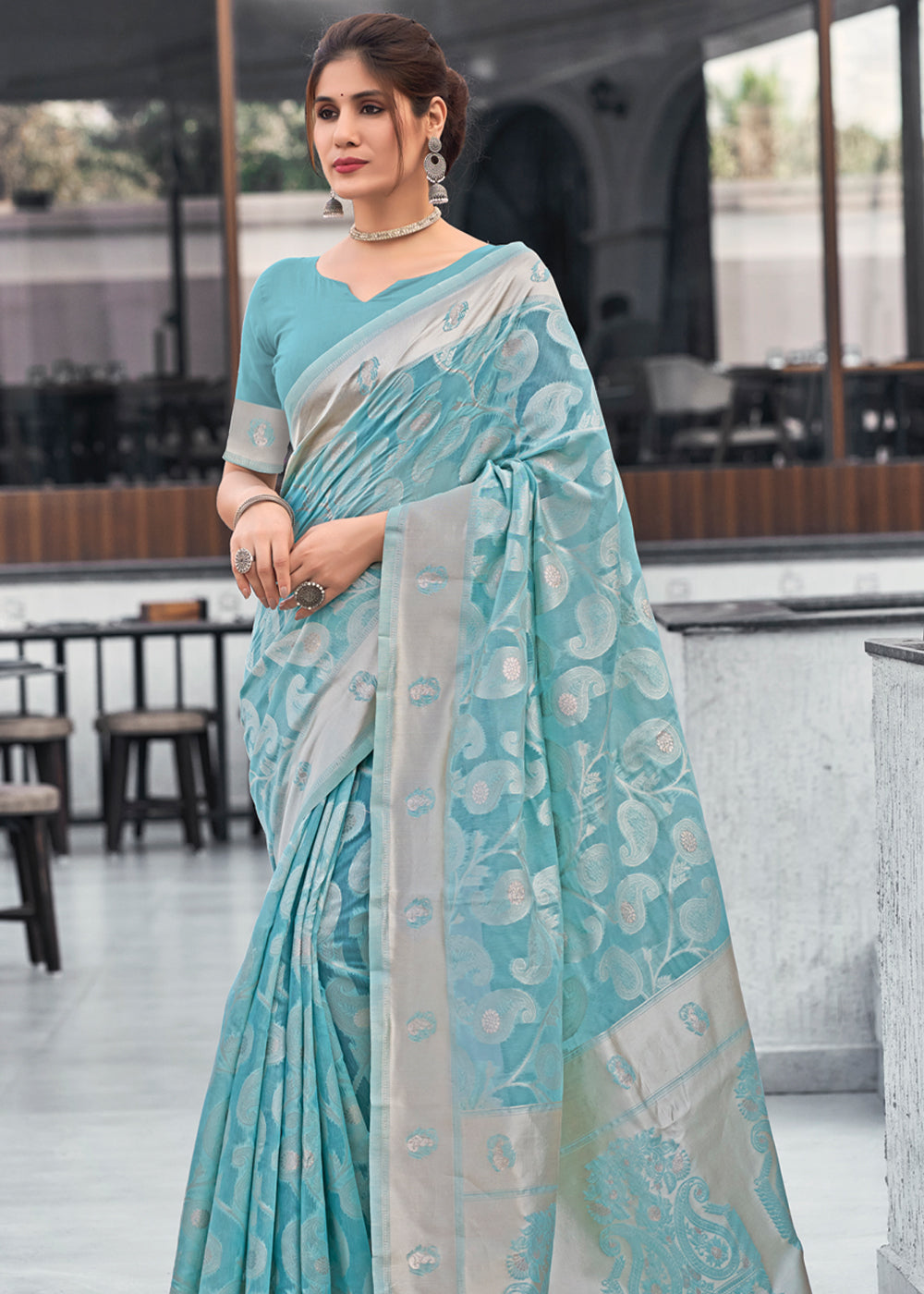 Sea Blue Lucknowi Linen Cotton Saree