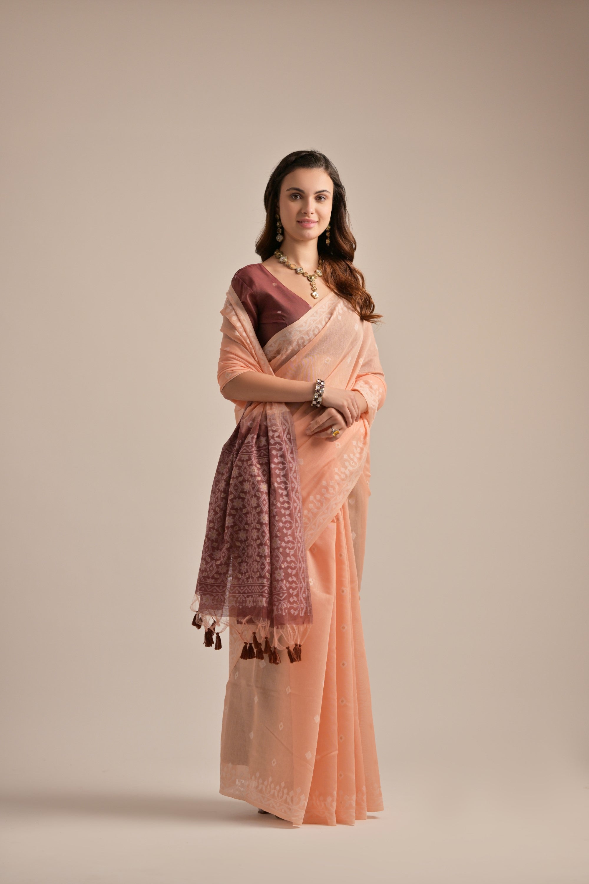 Rose Bud Peach Lucknowi Woven Muga Cotton Saree