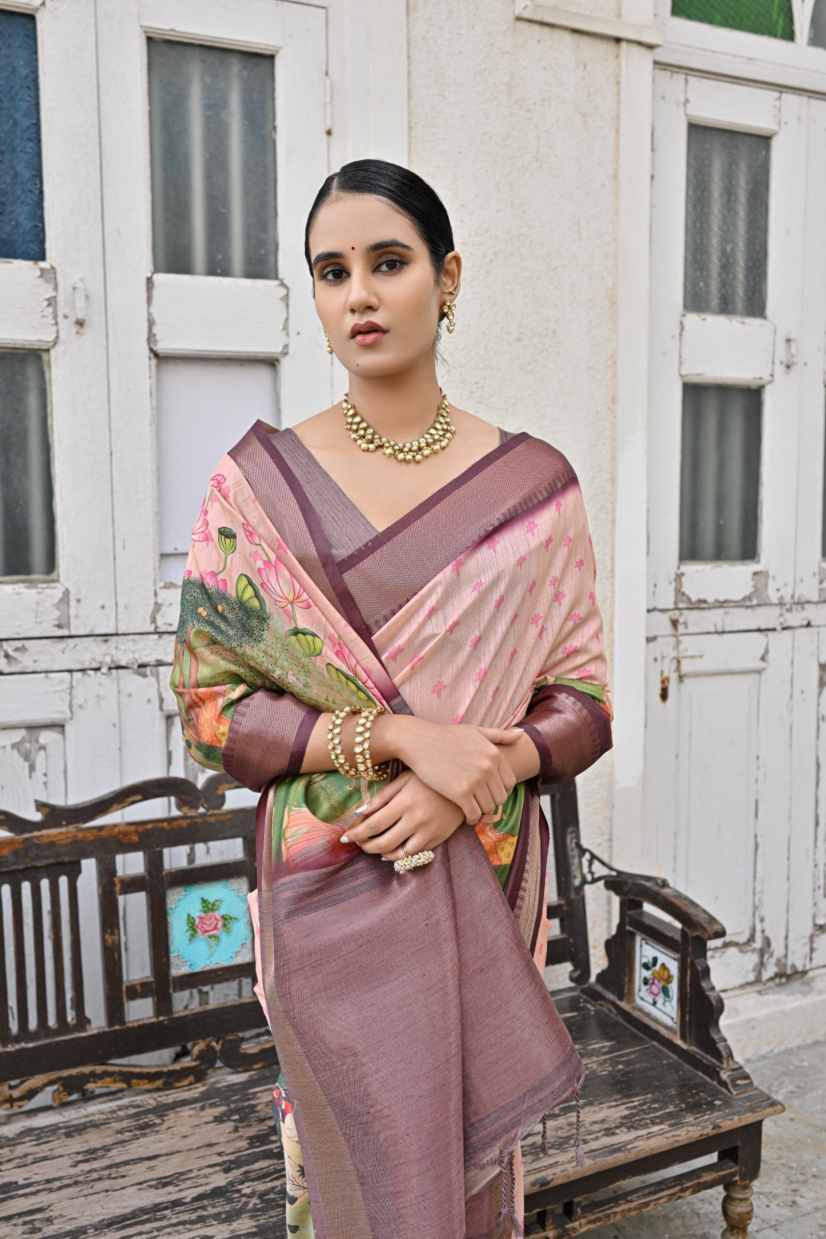 Eunry Peach and Purple Tussar Printed Silk Saree