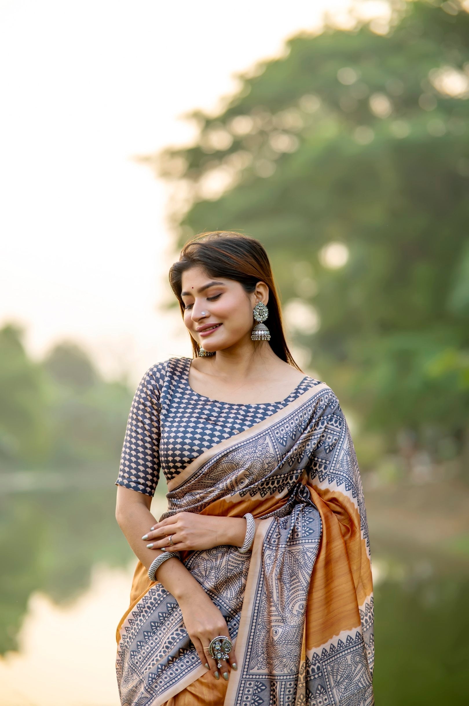 Porsche Yellow Madhubani Printed Silk Saree