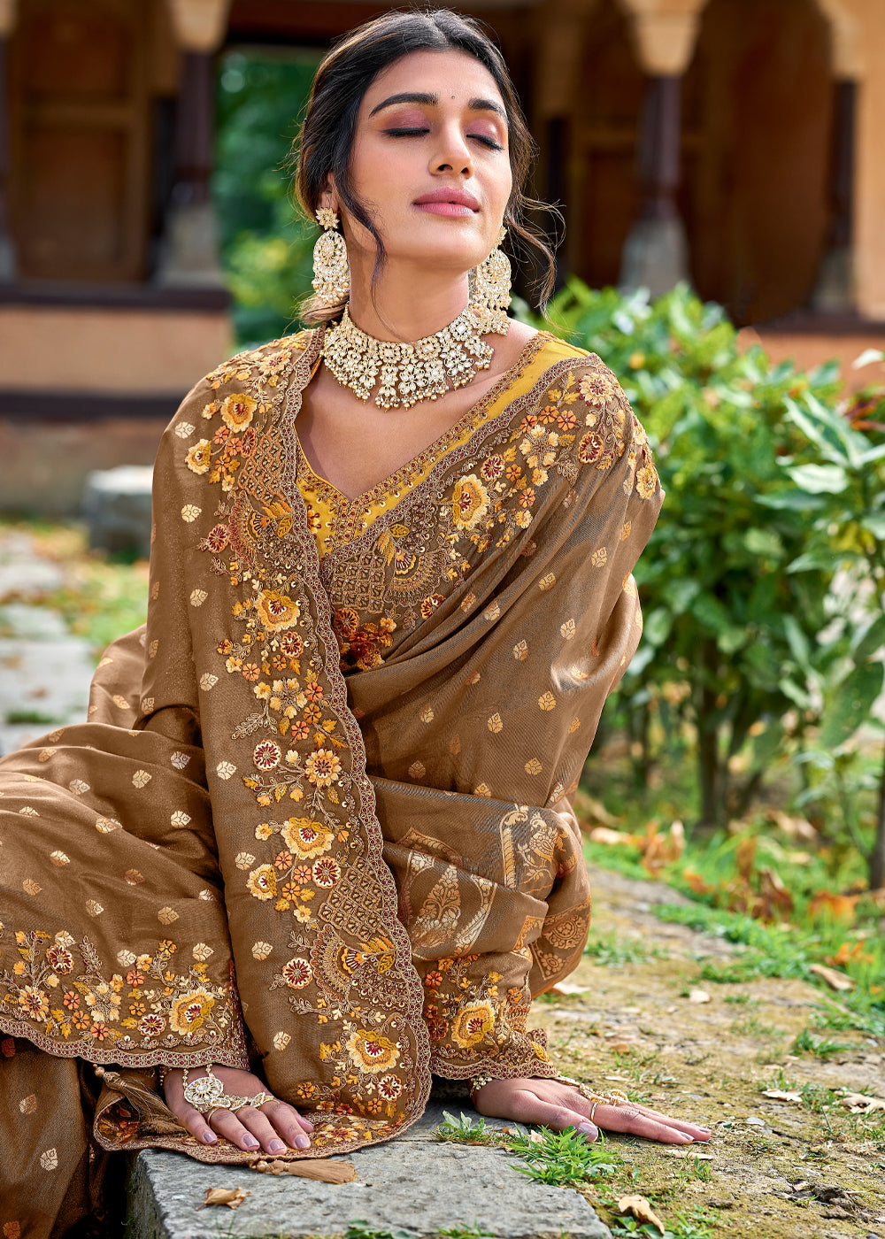 Russet Brown Woven Designer Banarasi Embroidered Silk Saree