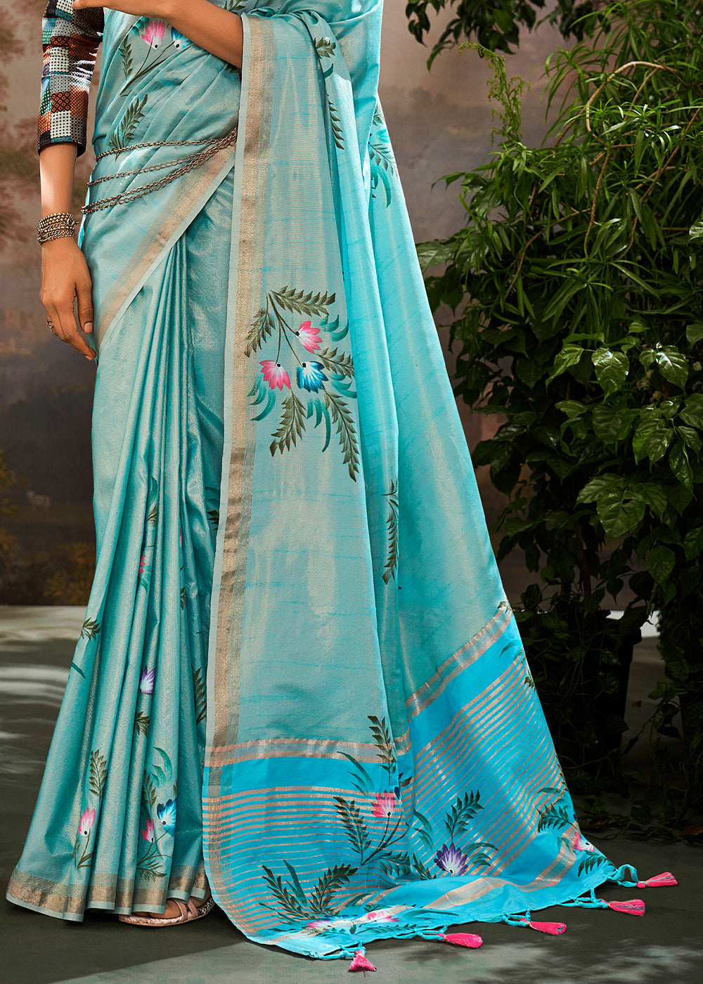 Artic Blue Painted Linen Silk Saree