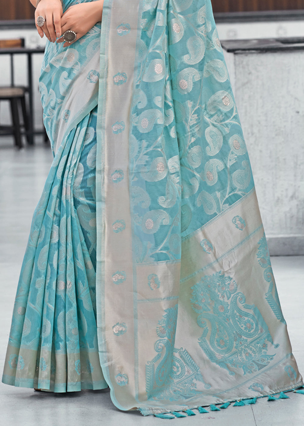 Sea Blue Lucknowi Linen Cotton Saree